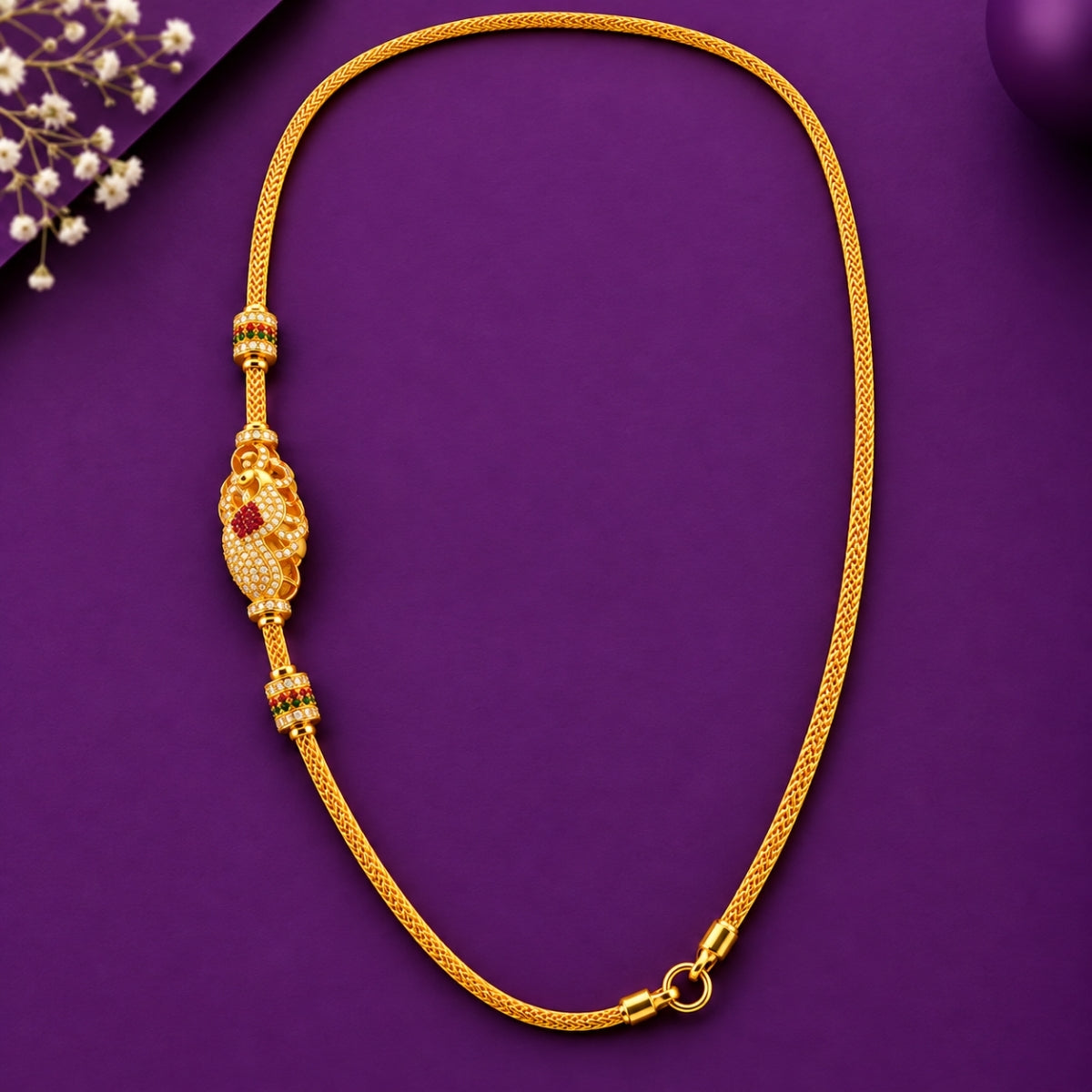 Royal Peacock Mango CZ & Ruby 925 Sterling Silver Gold Plated Thali Chain