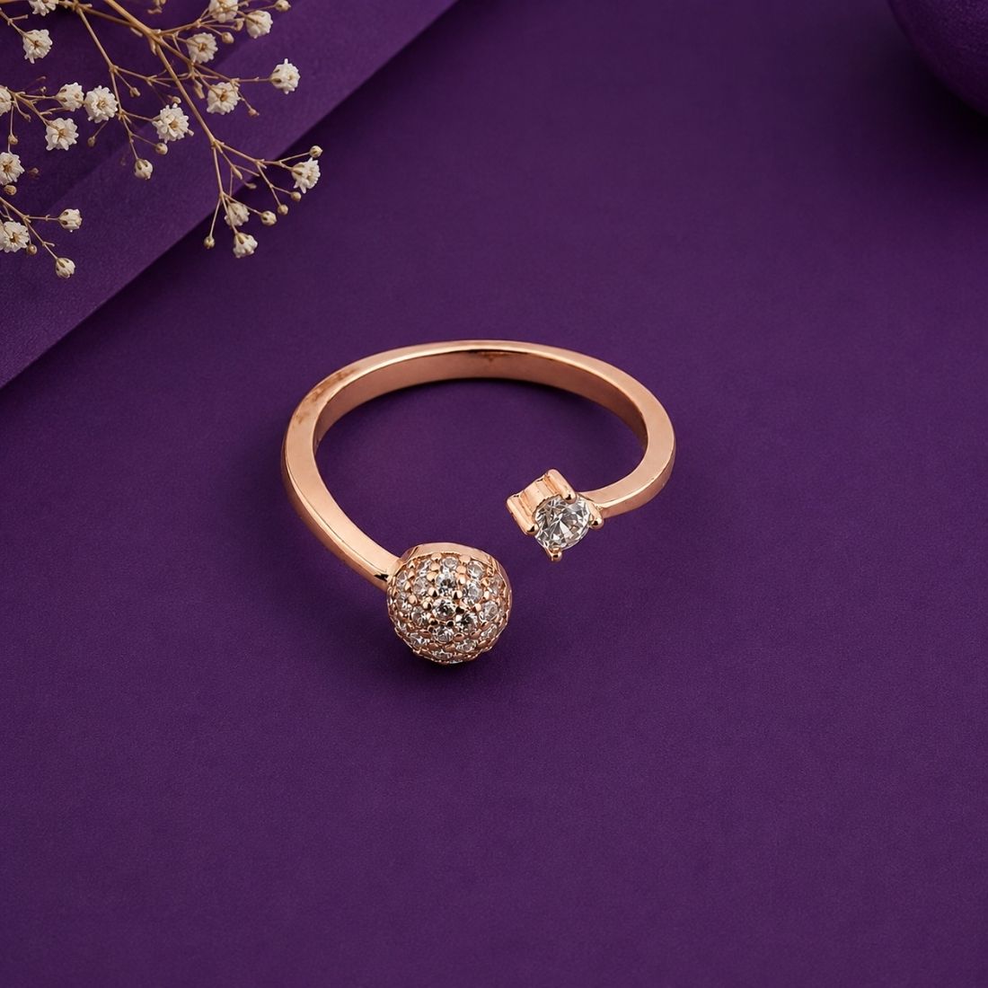 Rose Gold Plated Pave Sphere Open Cuff 925 Silver Ring