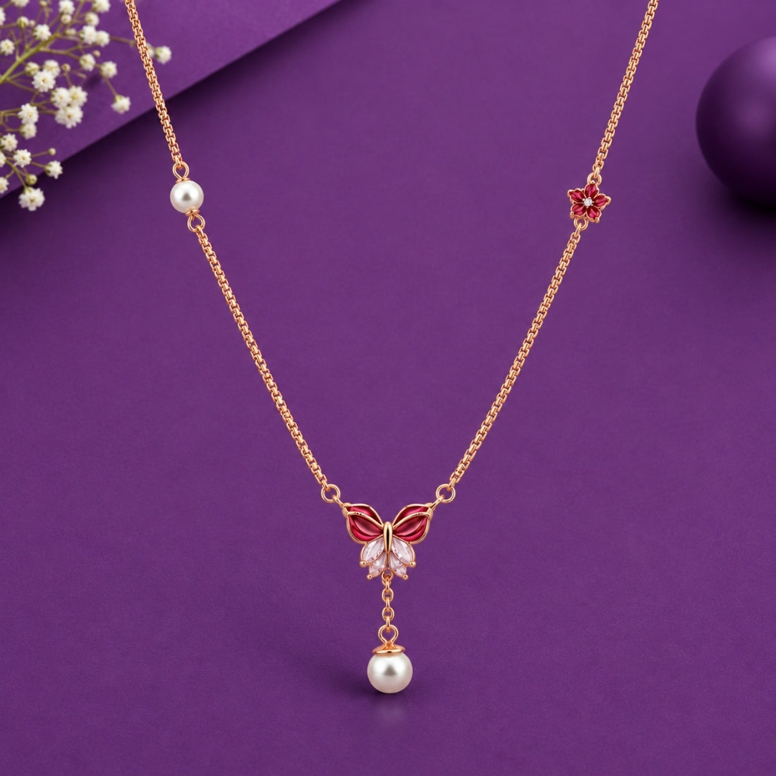 The Crimson Monarch Pearl Lariat Rose 925 Silver Chain