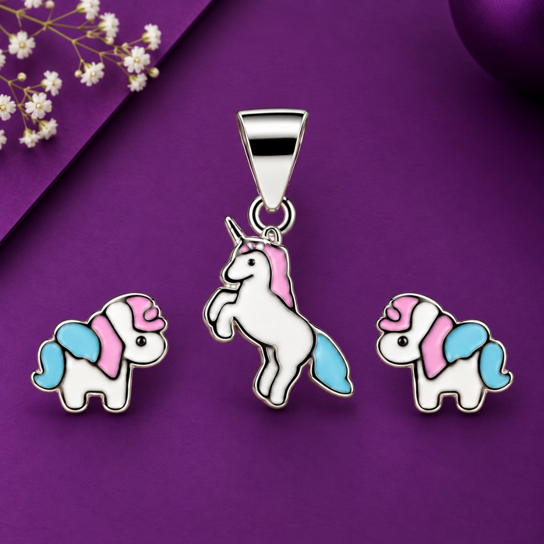 Magical Unicorn 925 Sterling Silver Pastel Enamel Pendant & Stud Earring Set for Kids