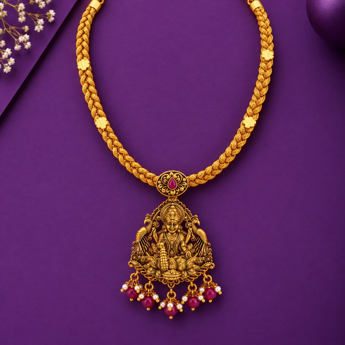 22K Gold Plated 925 Silver Braided Rope Lakshmi Pendant Choker