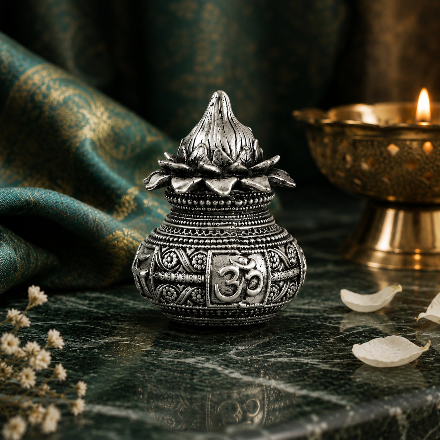 925 Pure Silver Antique Purna Kalash Idol with Om Symbol