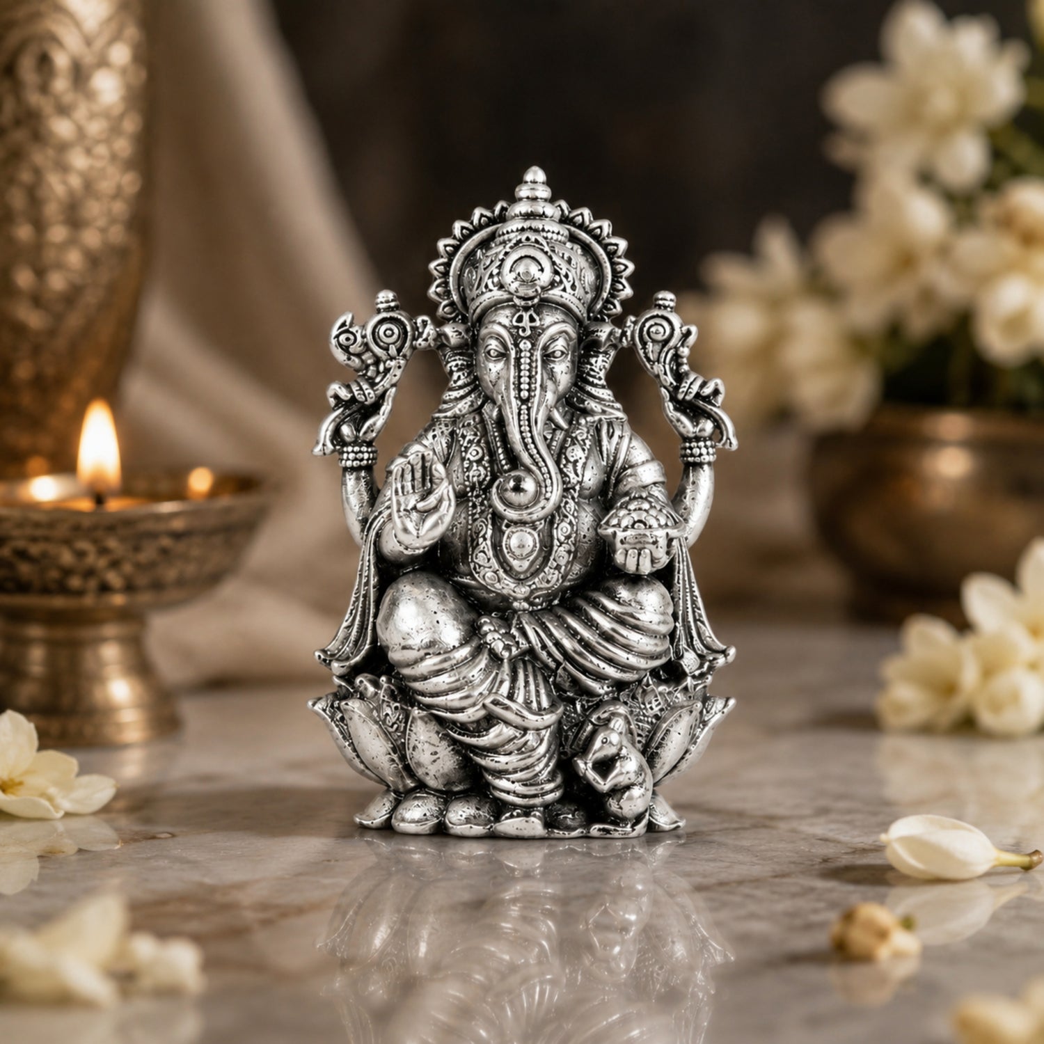 925 Pure Silver Antique Seated Ganesha on Lotus Base Idol