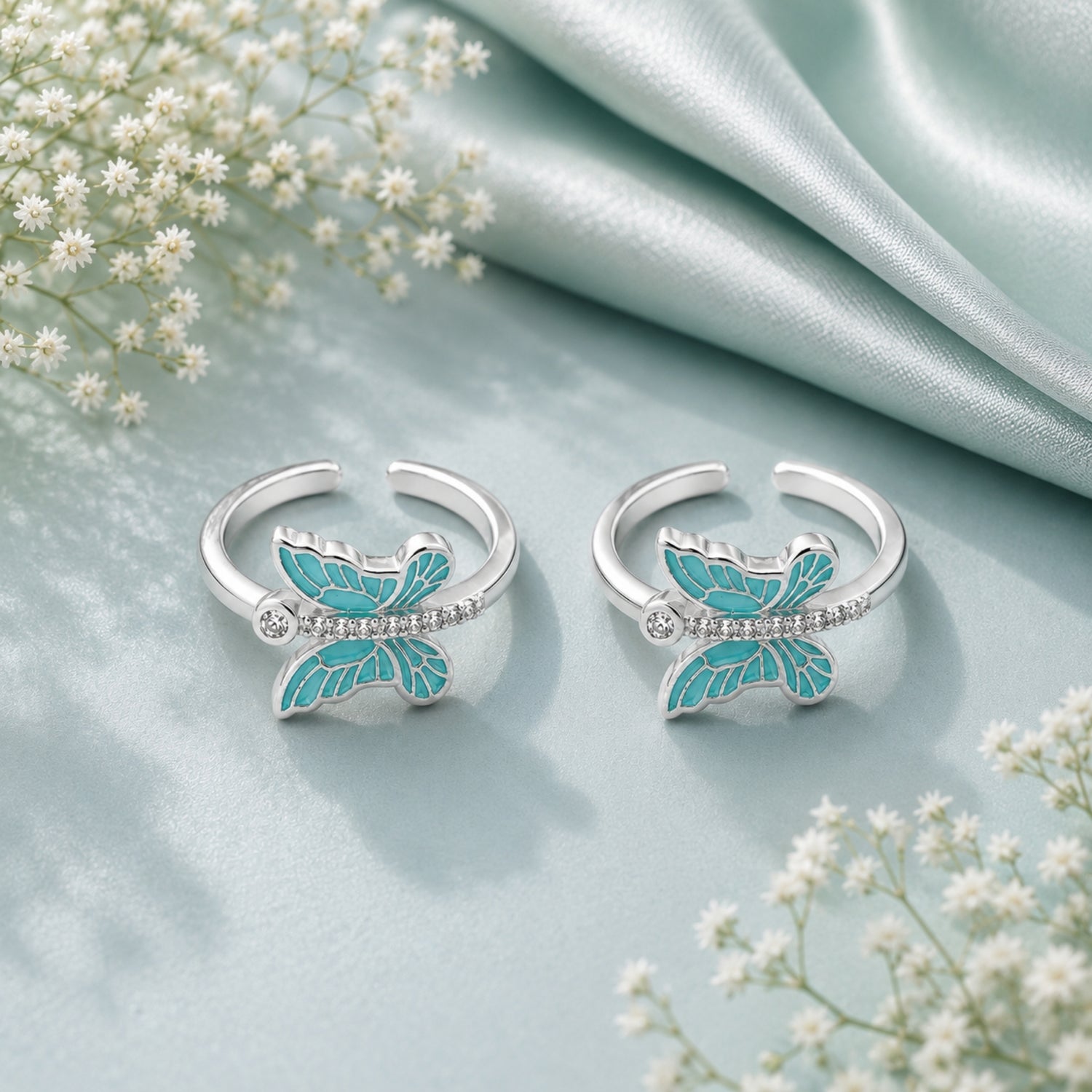 Silver Aqua Mariposa Adjustable Toe Rings