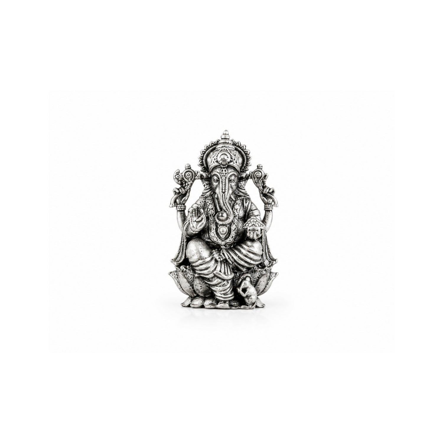 925 Pure Silver Antique Seated Ganesha on Lotus Base Idol