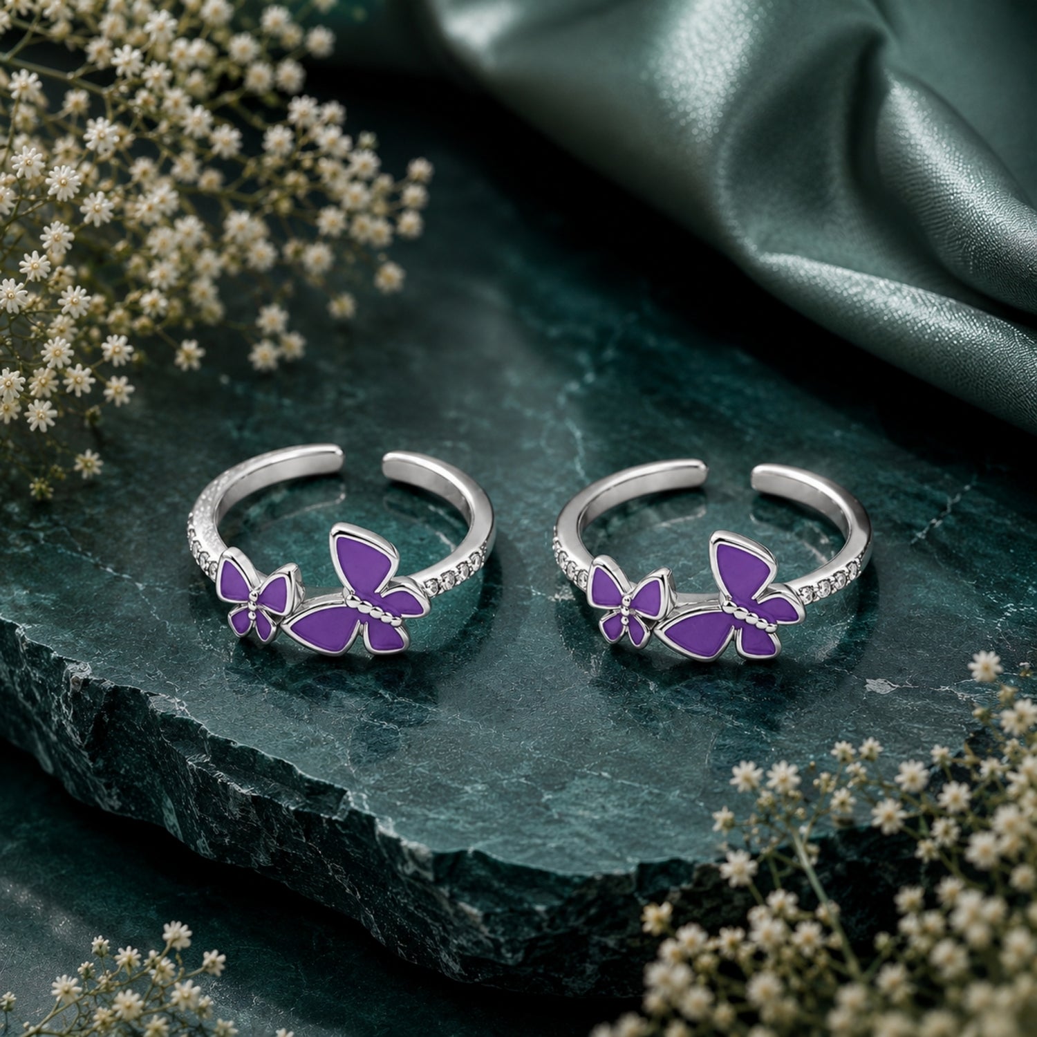 Silver Velvet Amethyst Butterfly Toe Rings