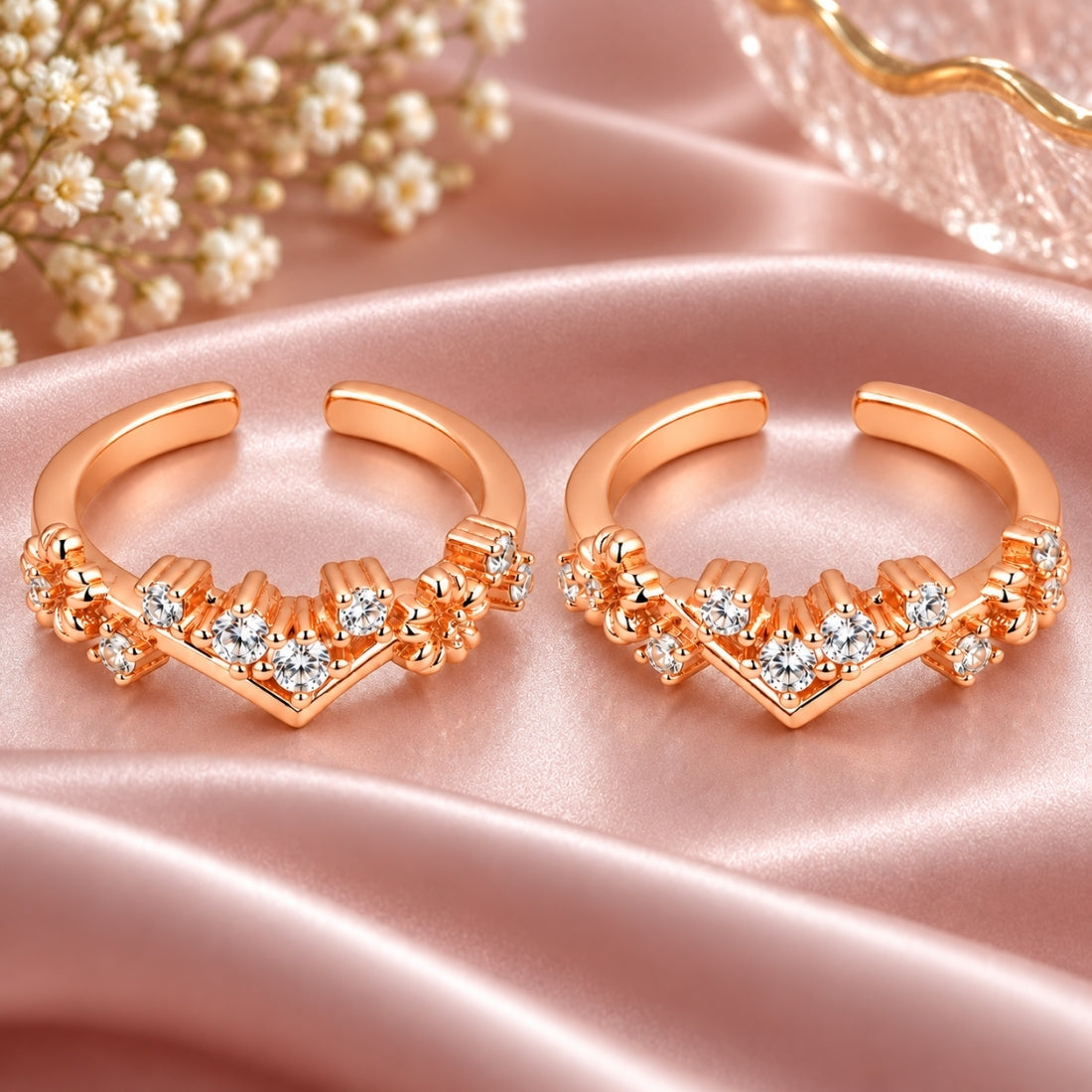Royal Tiara Chevron 925 Sterling Silver Rose Gold Plated Adjustable Toe Rings (Pair)