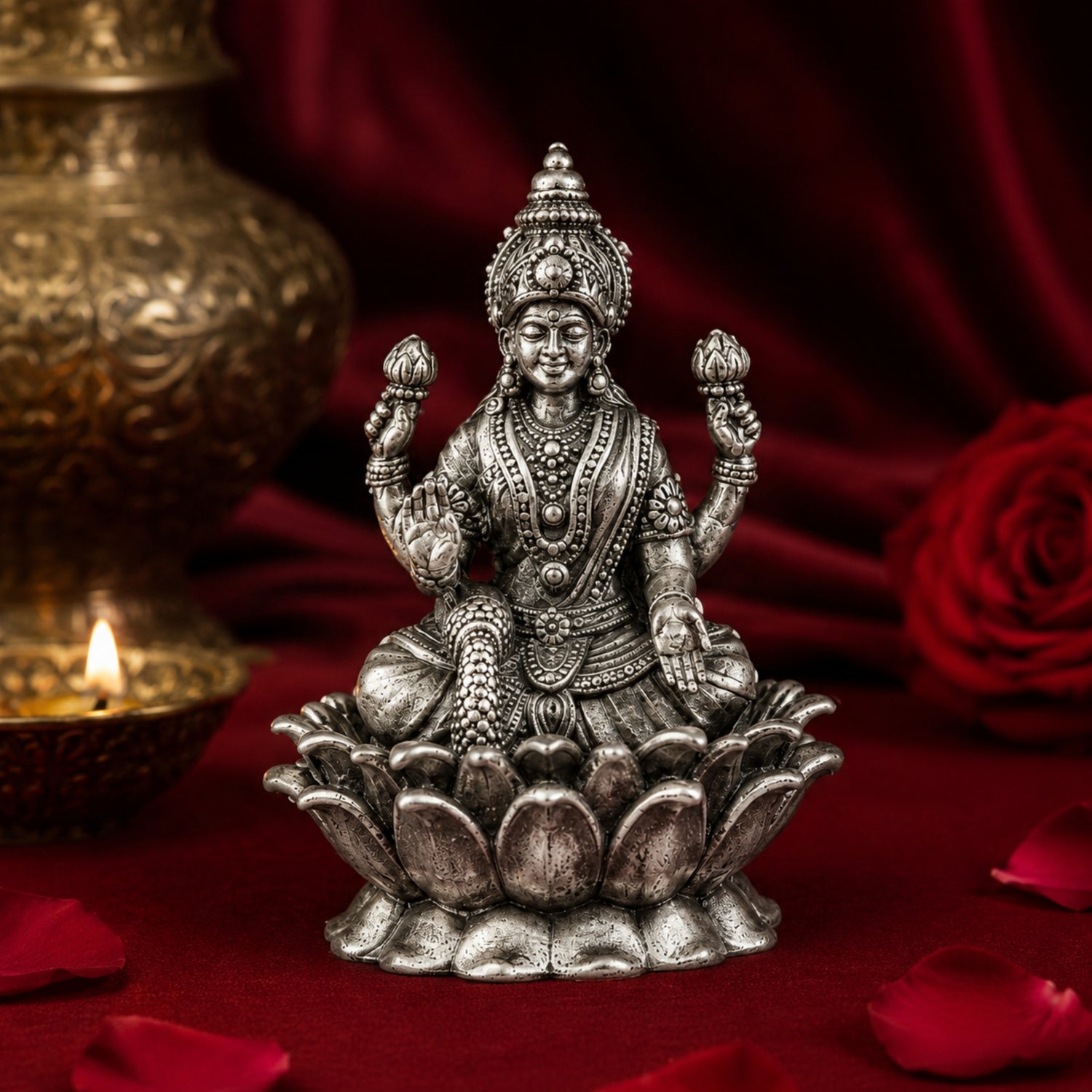 925 Pure Silver Antique Seated Goddess Lakshmi on Lotus Idol