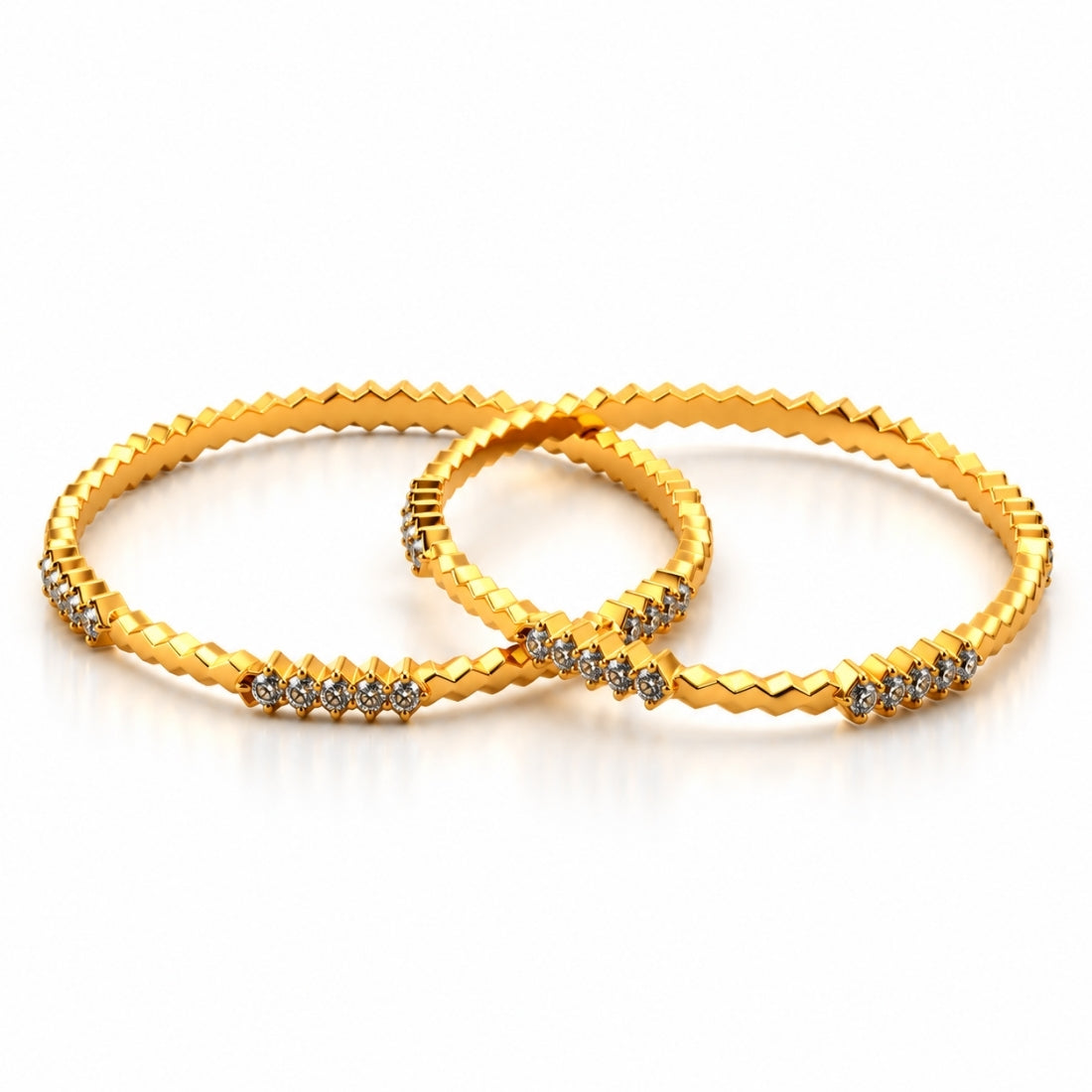 The Honeycomb Prism Textured Stackable Bangles (Set of 2 in 925 Sterling Silver with Luminous Gold Polish)