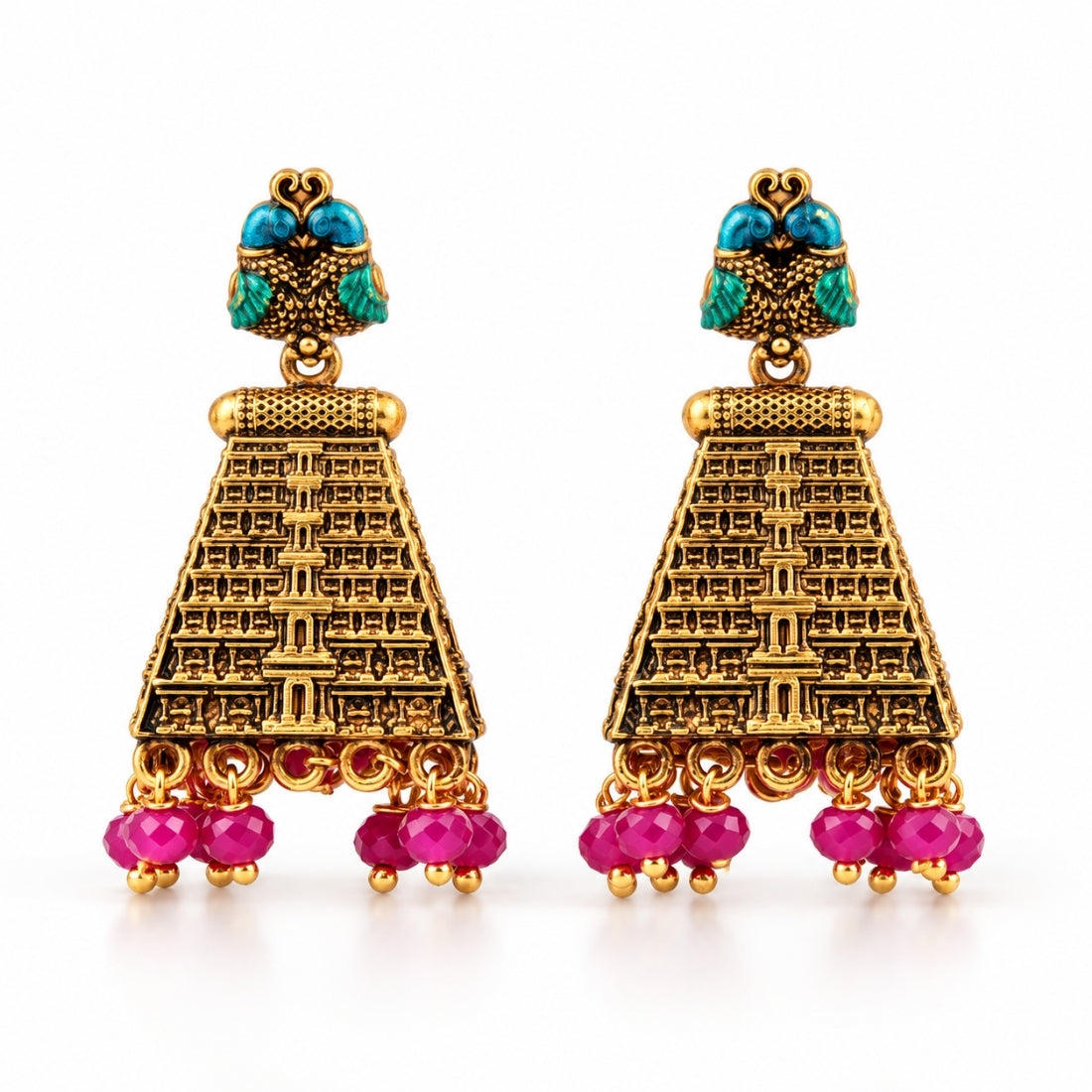 The Mayur Gopuram Fuchsia Heritage Jhumkas