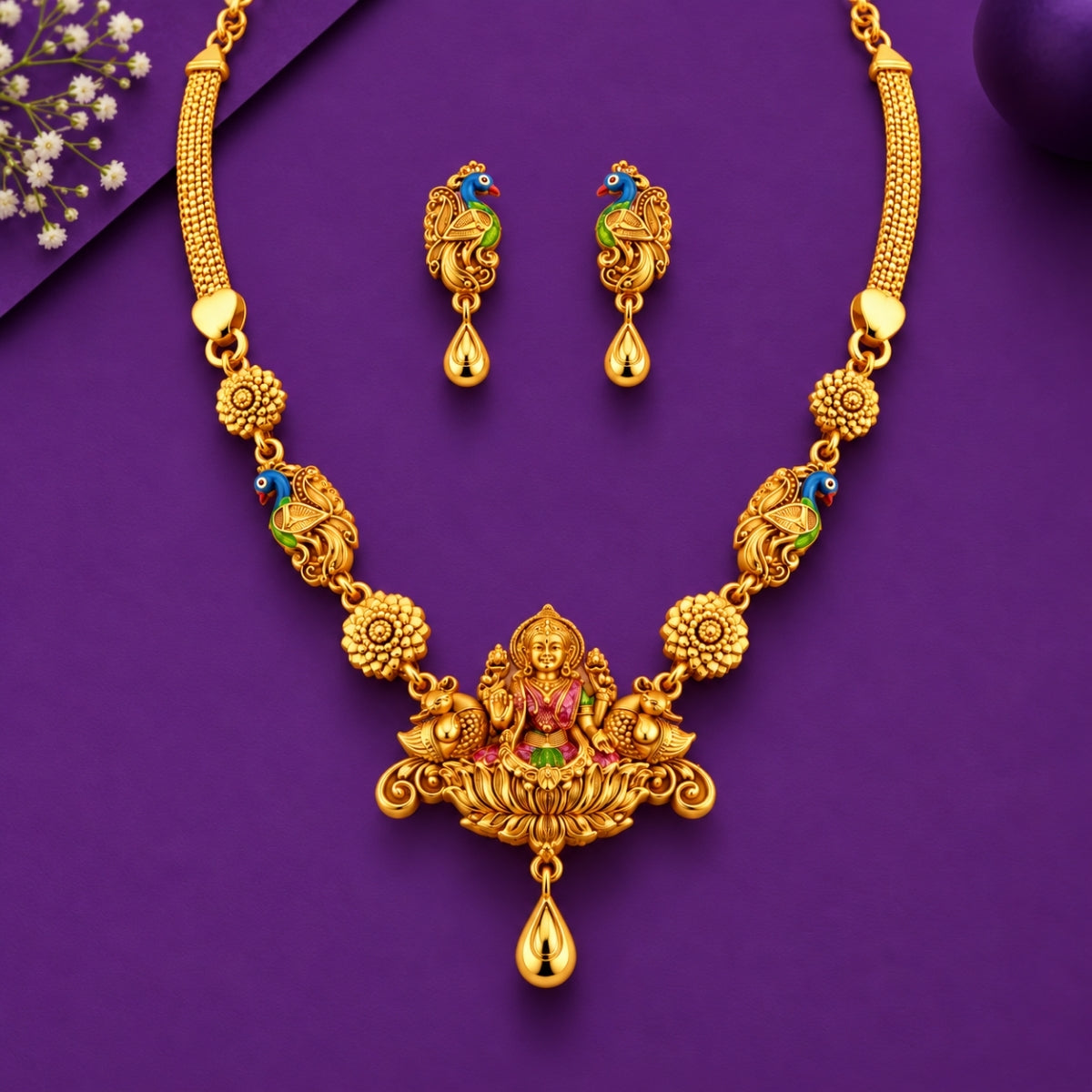The Goddess Lakshmi Lotus Throne 925 Silver Gold-Plated Necklace Set
