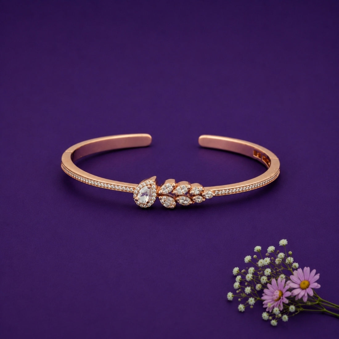 Rose Gold Pavé Leaf & Marquise Silver Kada