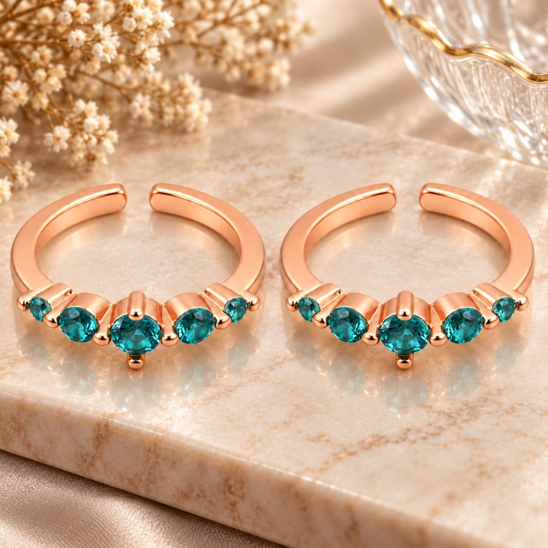 Ocean Breeze Teal 925 Sterling Silver Rose Gold Plated Adjustable Toe Rings (Pair)