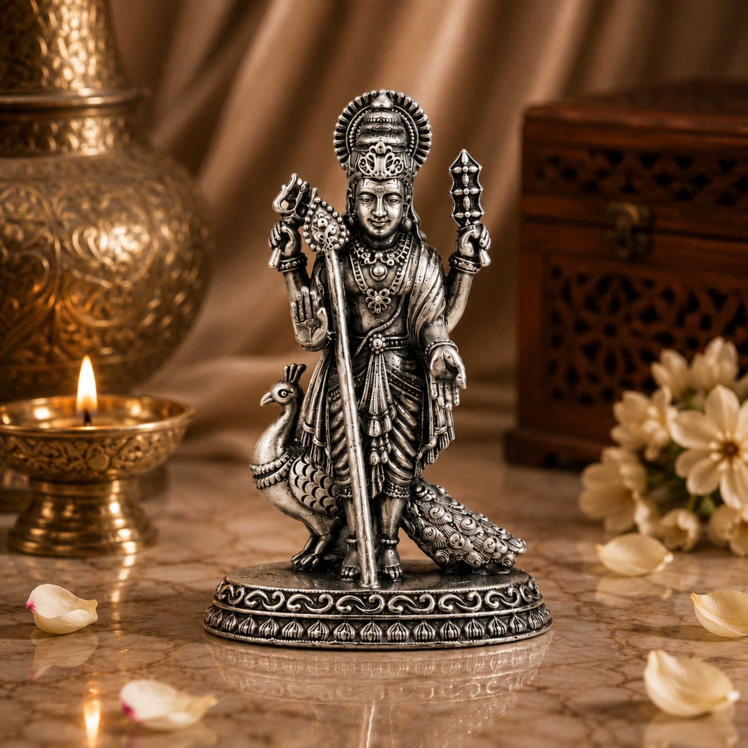 925 Pure Silver Antique Standing Lord Murugan Idol with Peacock