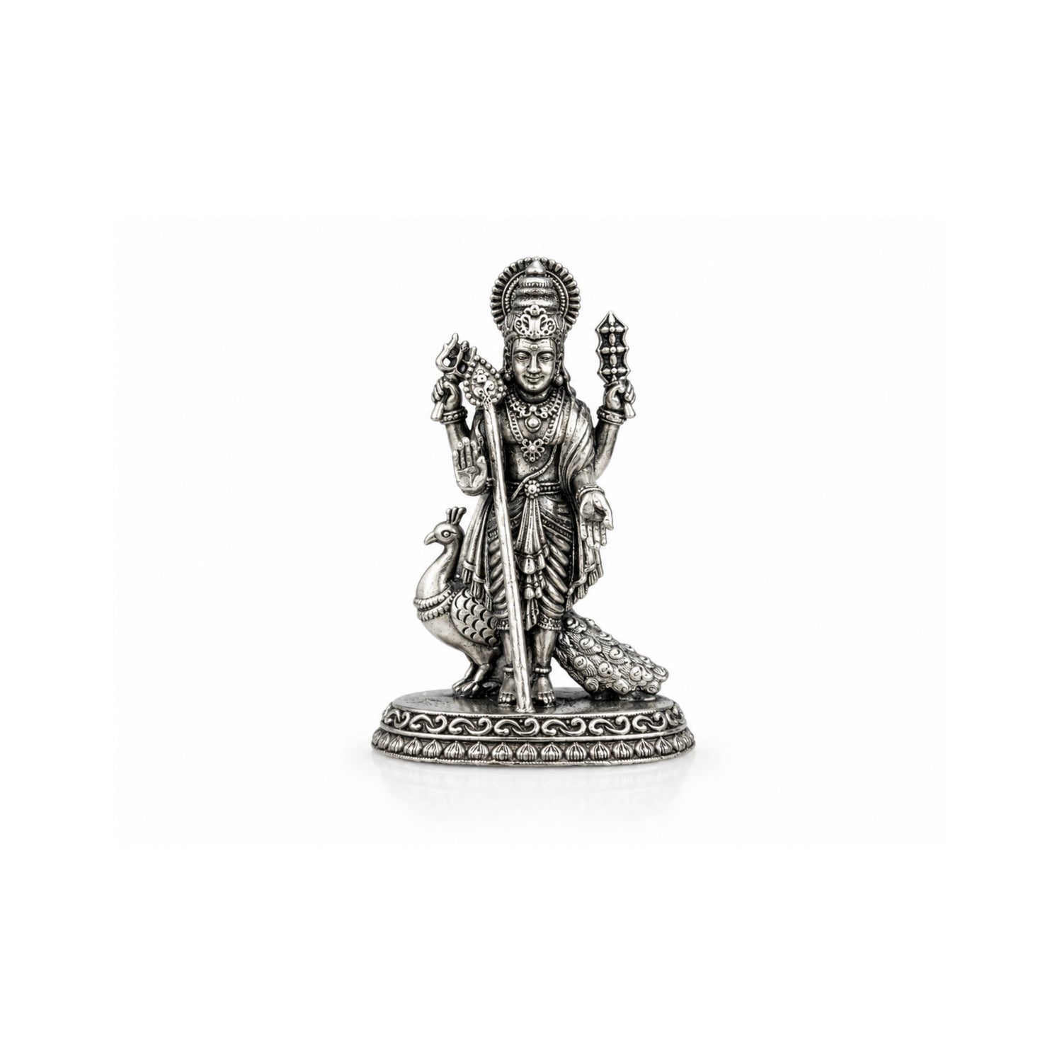 925 Pure Silver Antique Standing Lord Murugan Idol with Peacock