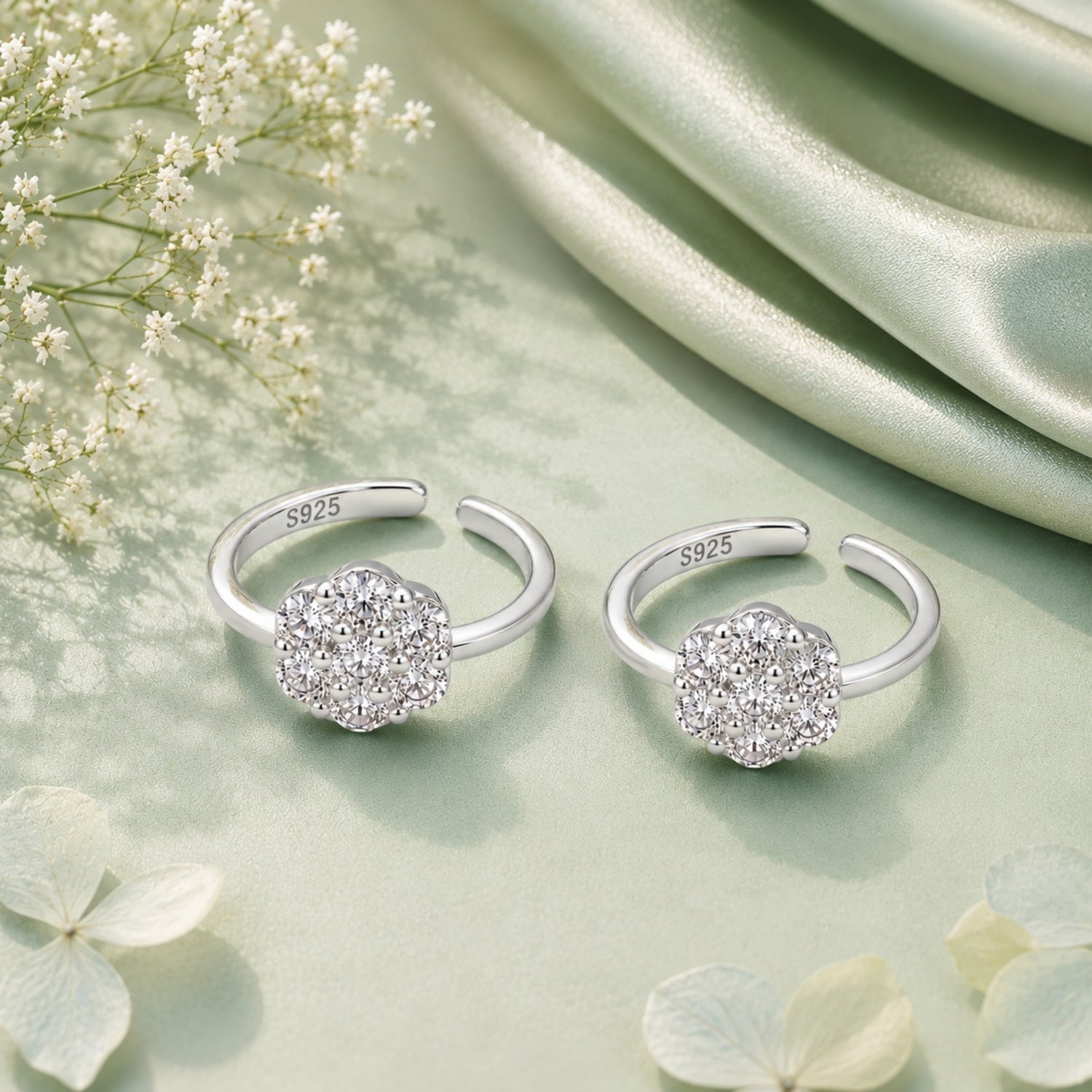 Silver Crystal Blossom Adjustable Toe Rings