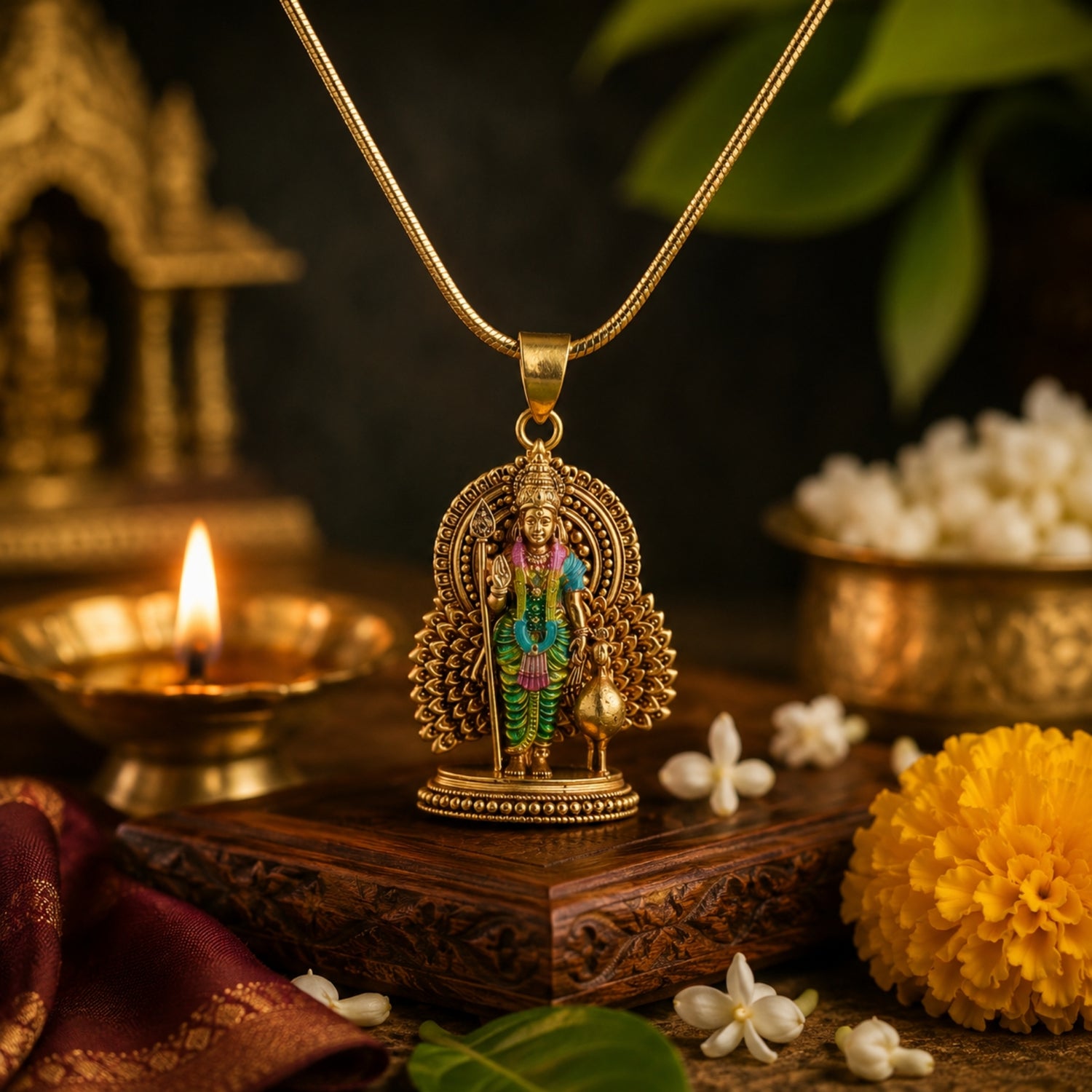 sculpted Gold Plated 925 Silver Lord Murugan Aura Pendant
