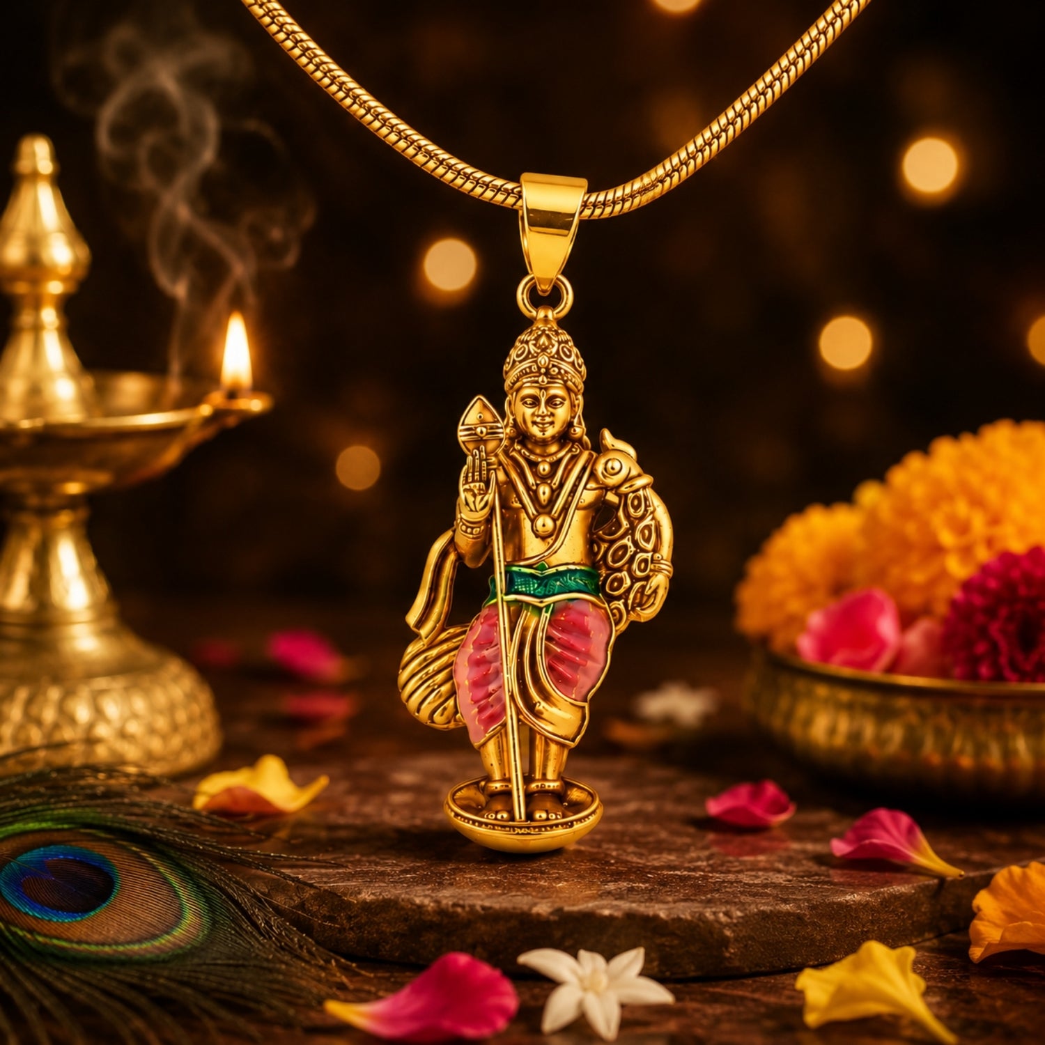92.5 Pure Silver Gold Plated Lord Murugan With Peacock Pendant.