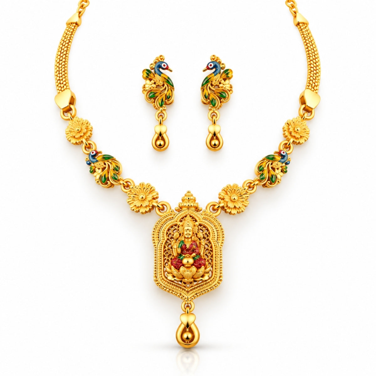The Imperial Lakshmi Peacock Arched 925 Silver Gold-Plated Necklace Set