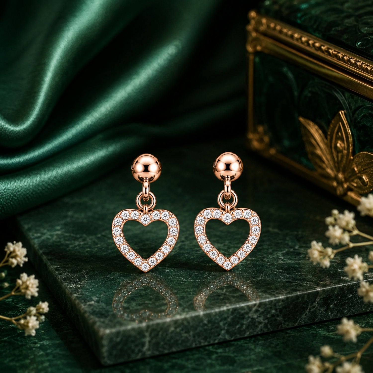 Dangling Pavé Open Heart 925 Pure Sterling Silver Drop Earrings