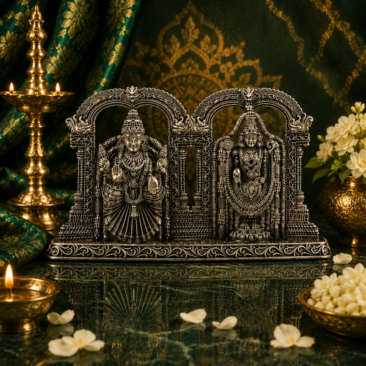 Antique Oxidised 925 Silver Lord Venkateswara (Balaji) and Goddess Padmavati Dual Arch Idol.