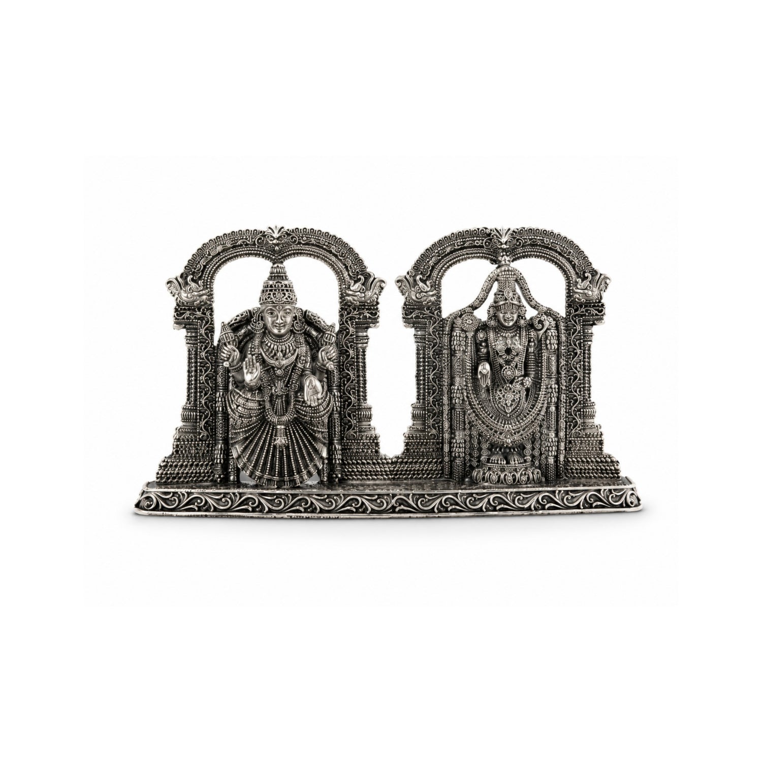 Antique Oxidised 925 Silver Lord Venkateswara (Balaji) and Goddess Padmavati Dual Arch Idol.