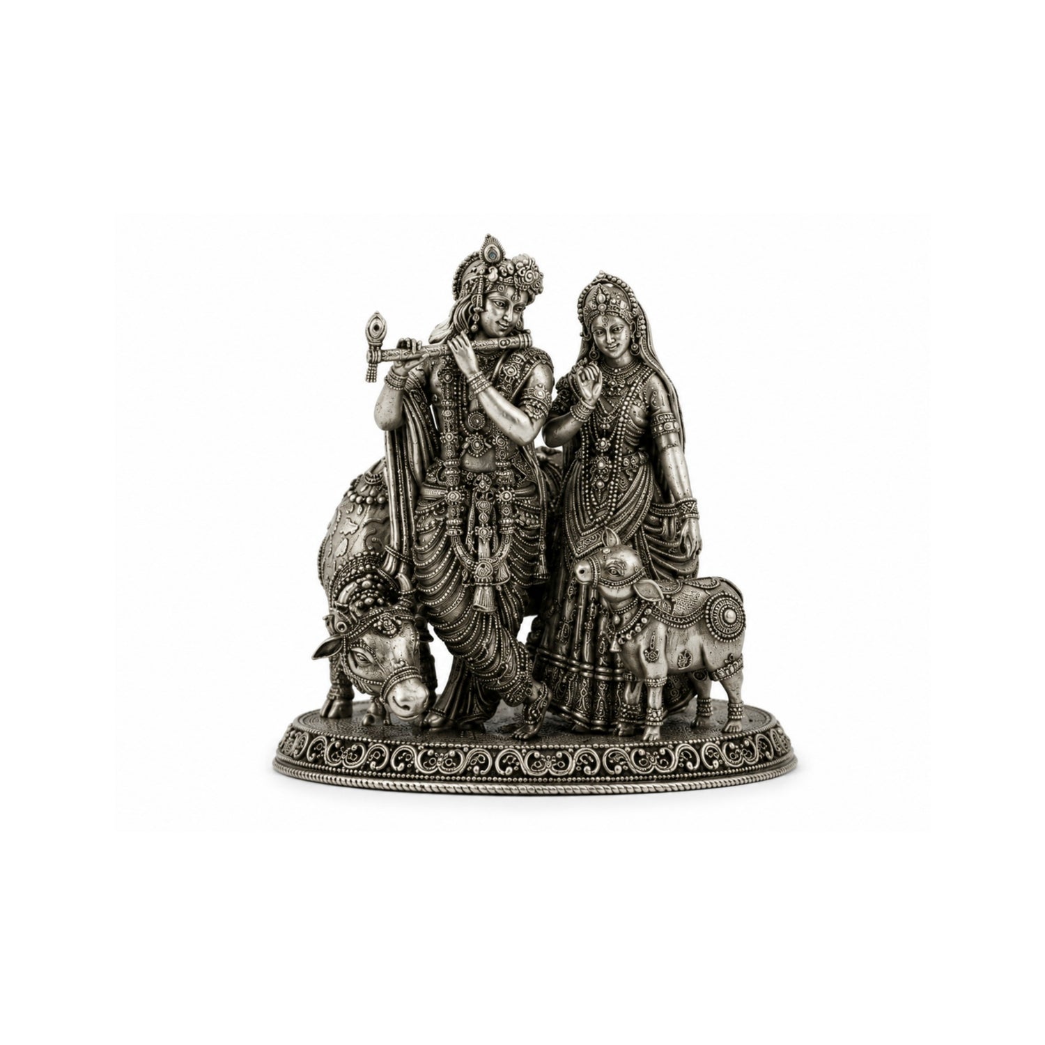 Antique Oxidised 925 Silver Radha Krishna with Kamdhenu Cow and Calf Idol.