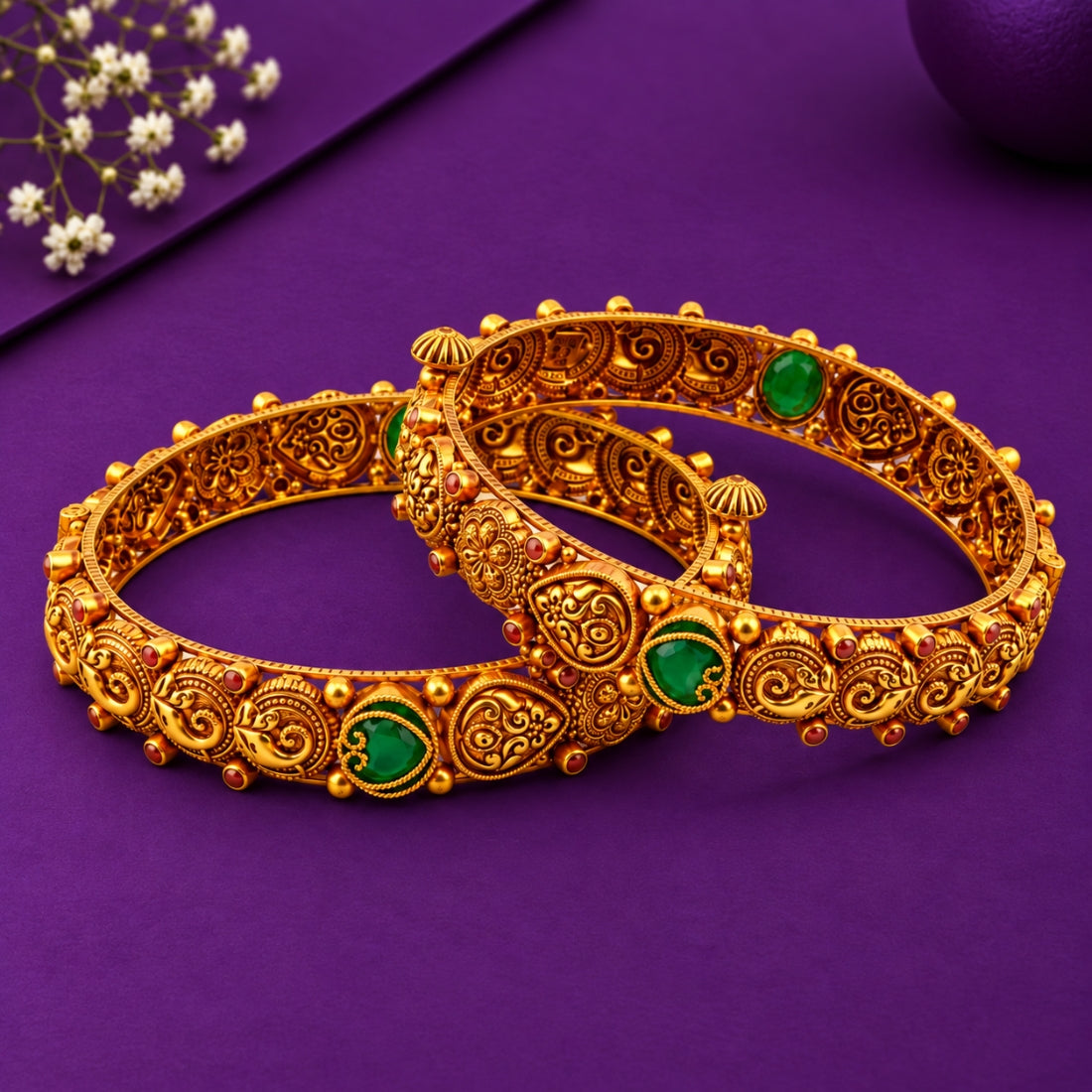 The Royal Ambika – 925 Silver Antique Gold-Plated Paisley Bangle Set