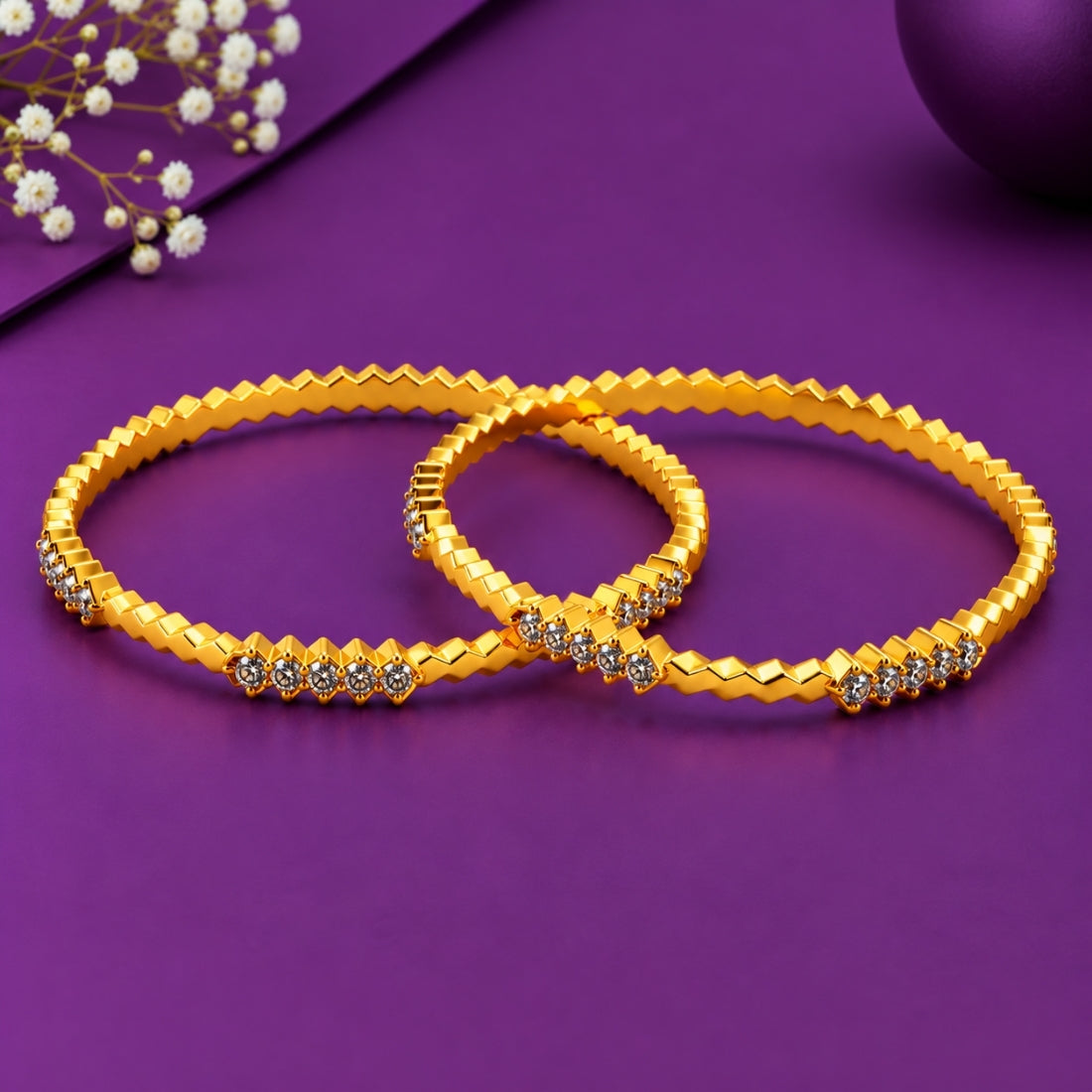 The Honeycomb Prism Textured Stackable Bangles (Set of 2 in 925 Sterling Silver with Luminous Gold Polish)