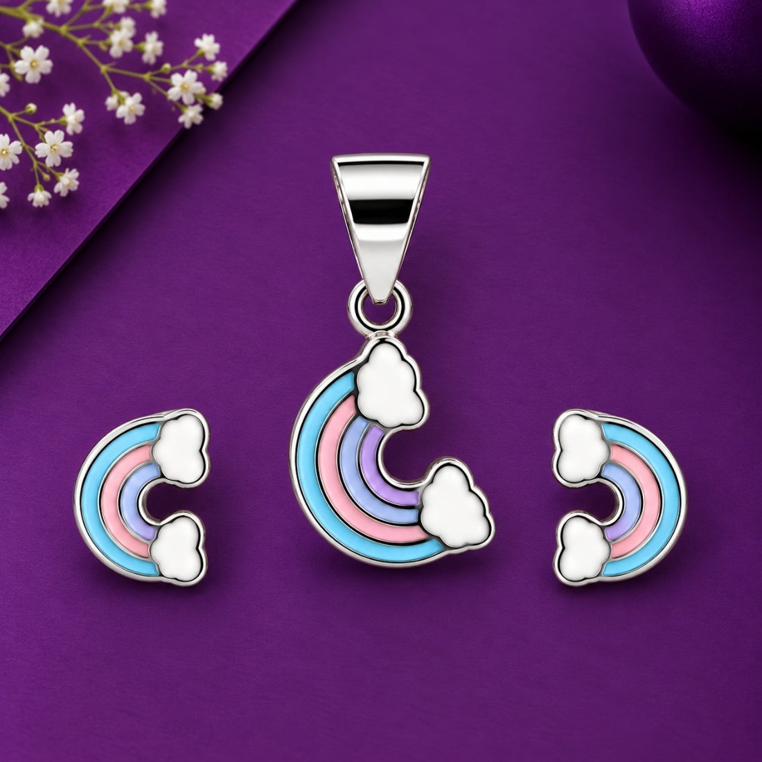 Over the Rainbow 925 Sterling Silver Pastel Enamel Pendant & Stud Earring Set for Kids