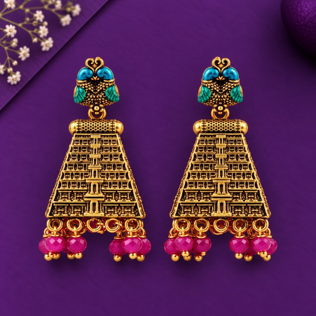 The Mayur Gopuram Fuchsia Heritage Jhumkas