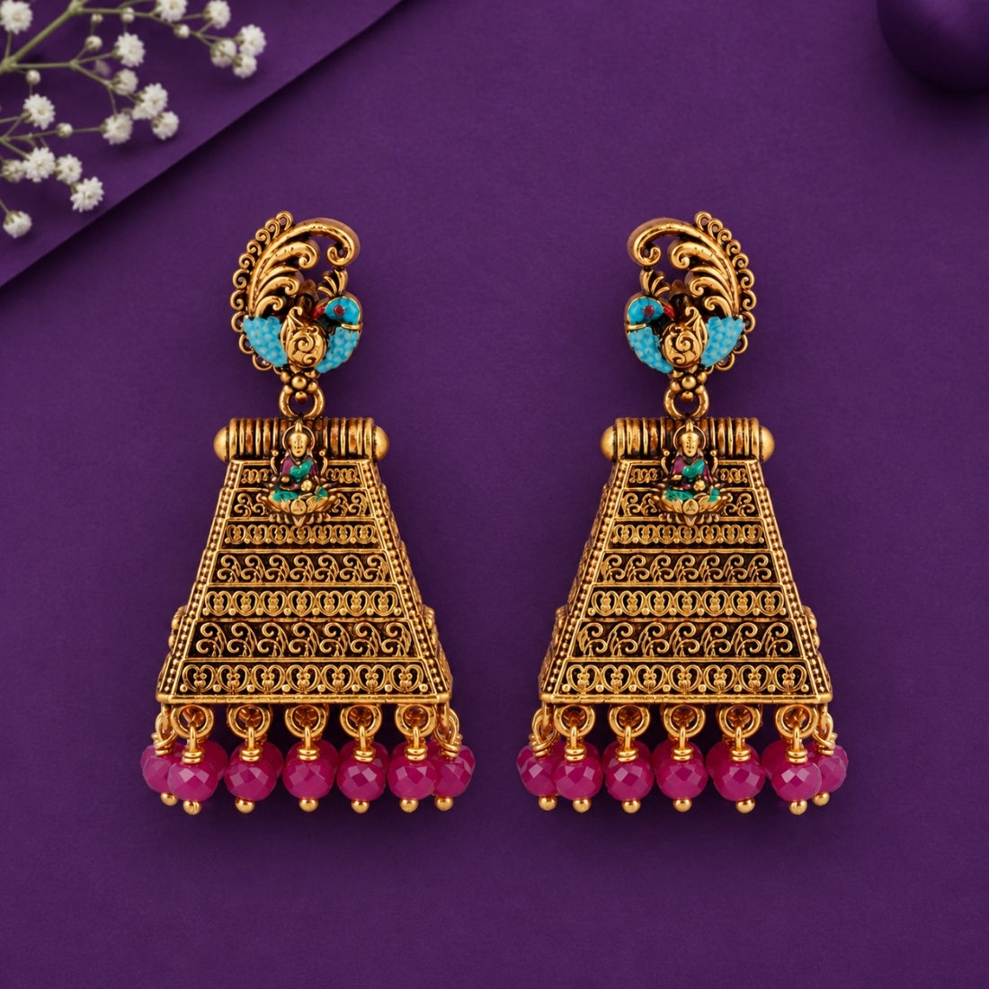 Turquoise Peacock Trapezoid 925 Silver Jhumkas