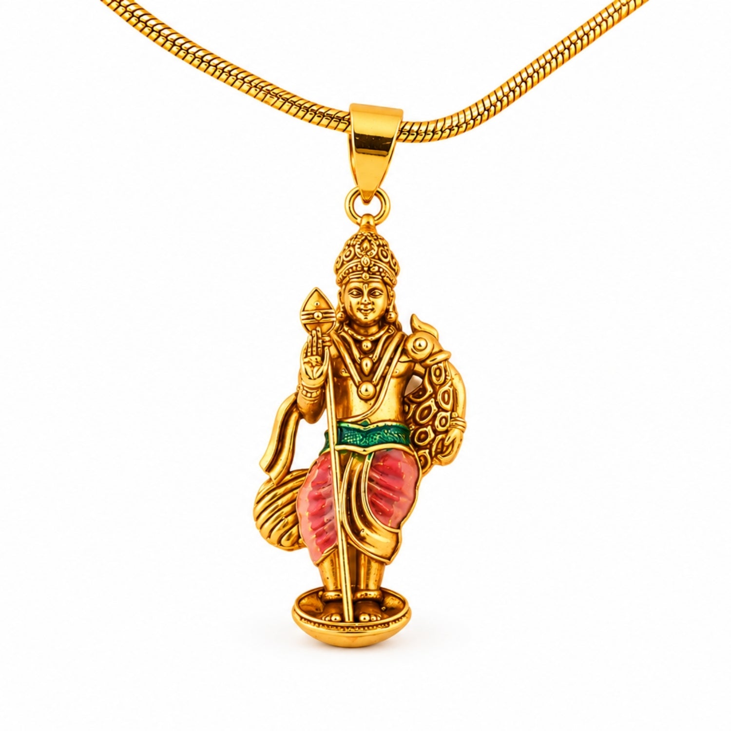 92.5 Pure Silver Gold Plated Lord Murugan With Peacock Pendant.