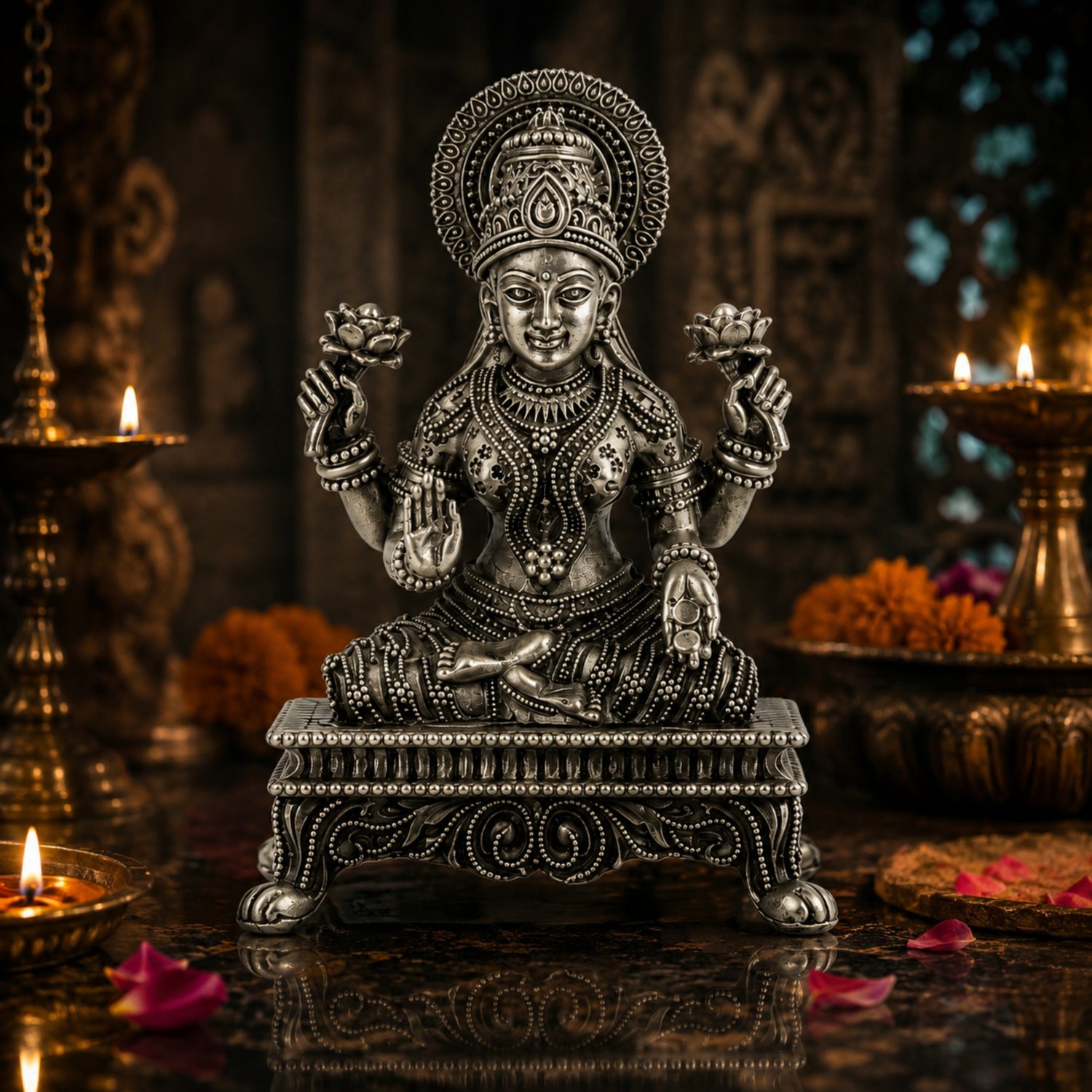 Antique-Finish 925 Pure Silver Goddess Lakshmi Idol