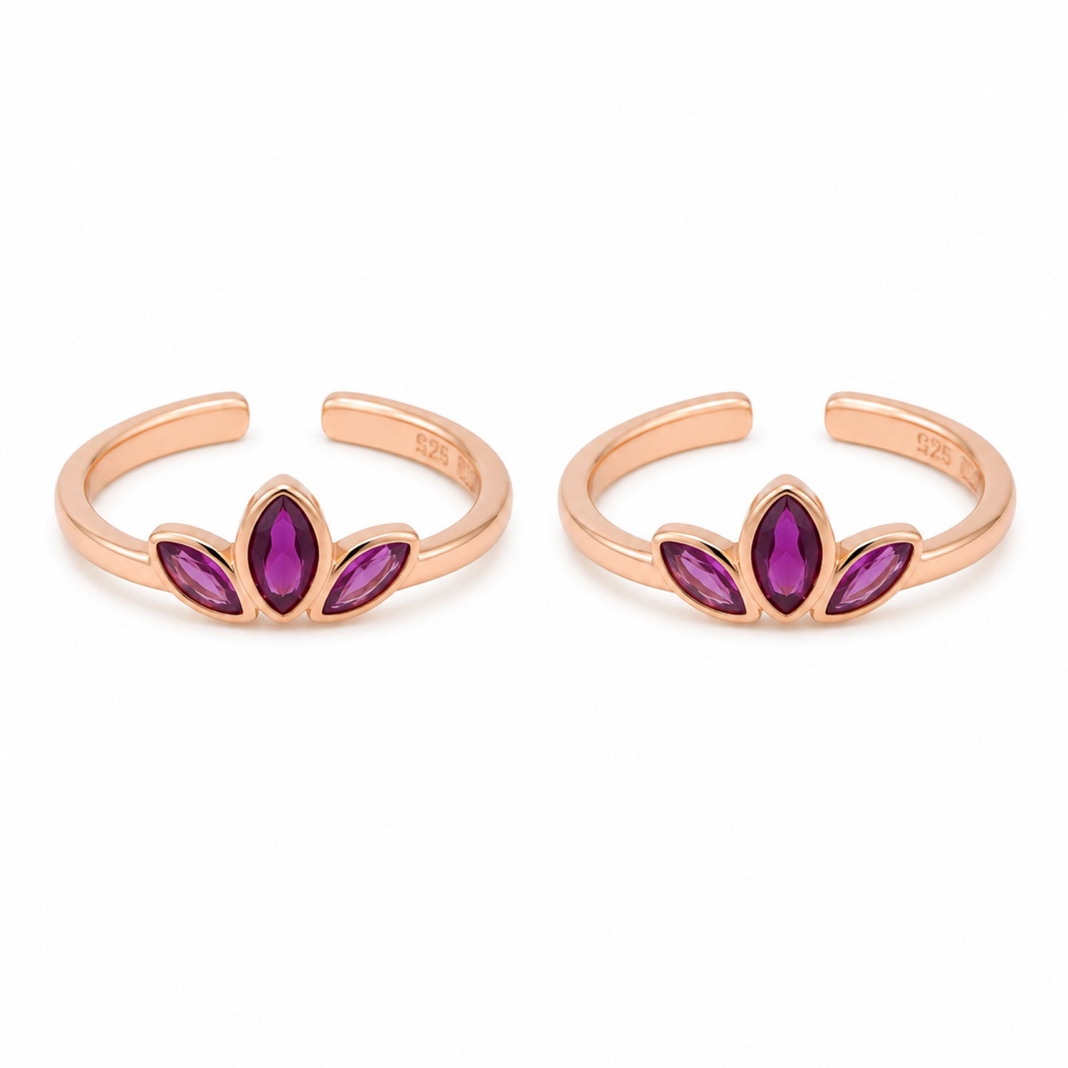 925 Silver Rose Gold Amethyst Lotus Tiara Adjustable Toe Rings