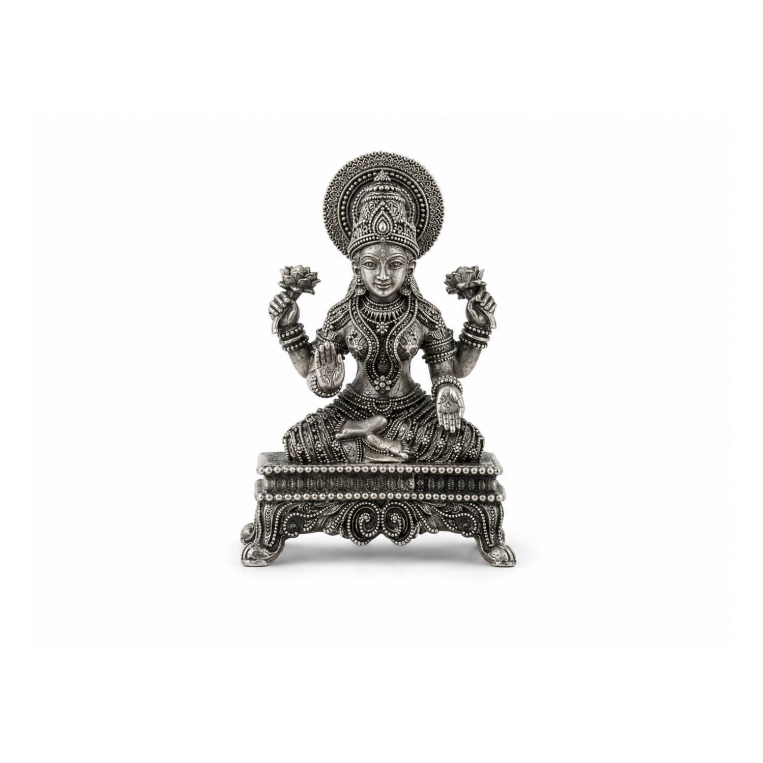 Antique-Finish 925 Pure Silver Goddess Lakshmi Idol