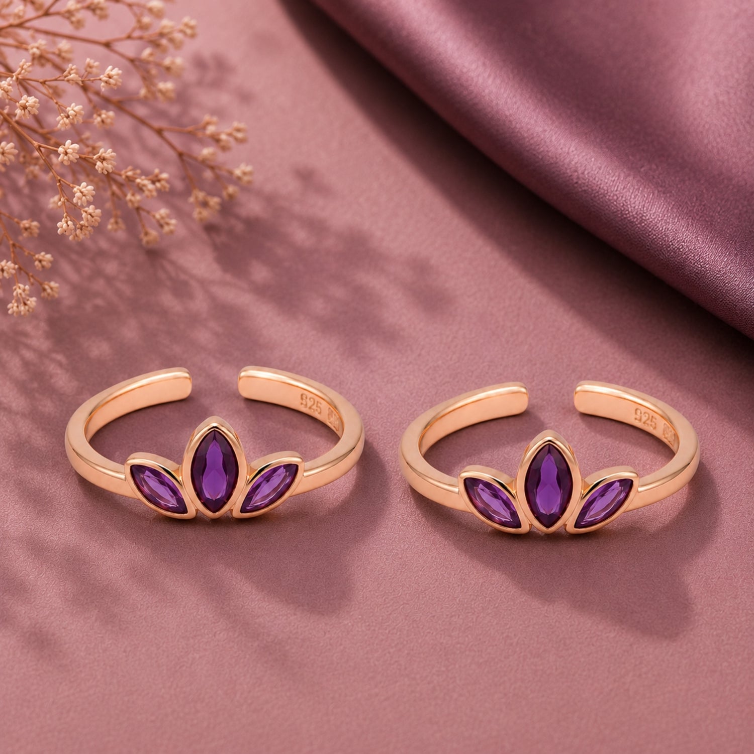 925 Silver Rose Gold Amethyst Lotus Tiara Adjustable Toe Rings