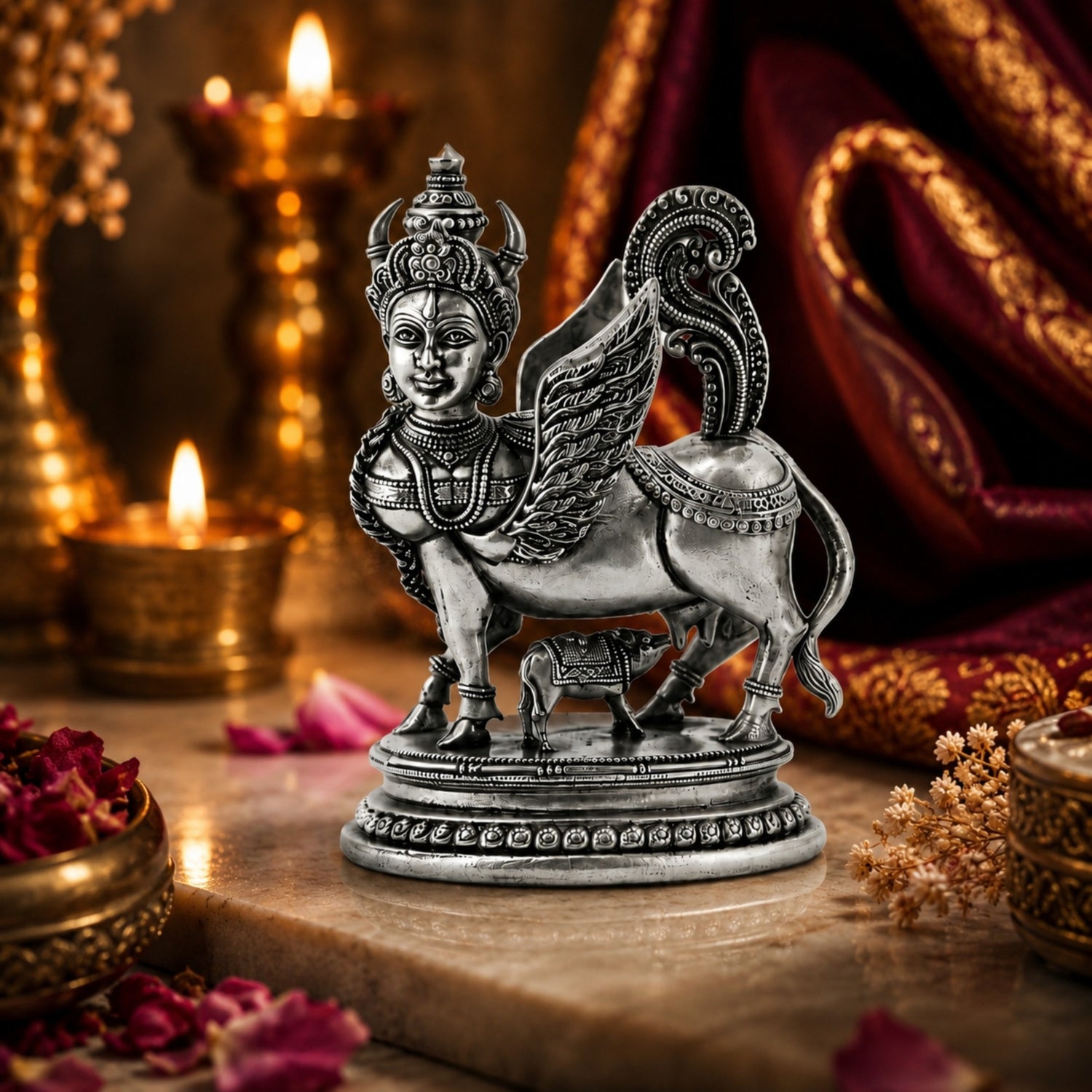 Antique-Finish 925 Silver Kamadhenu Idol with Calf.