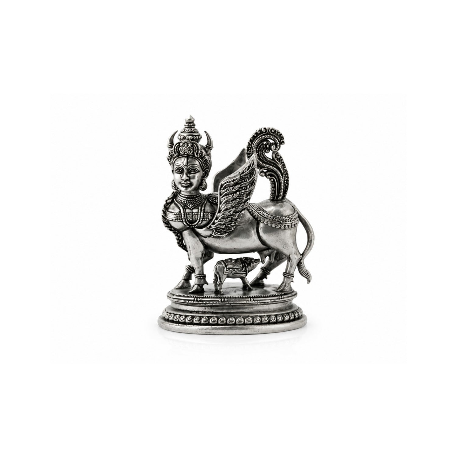 Antique-Finish 925 Silver Kamadhenu Idol with Calf.
