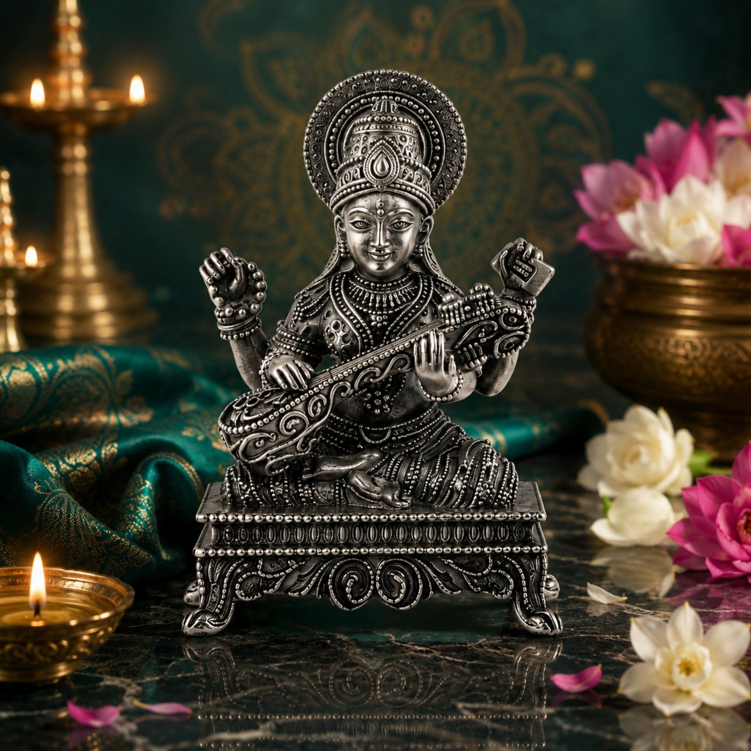 Antique-Finish 925 Silver Goddess Saraswati Idol.
