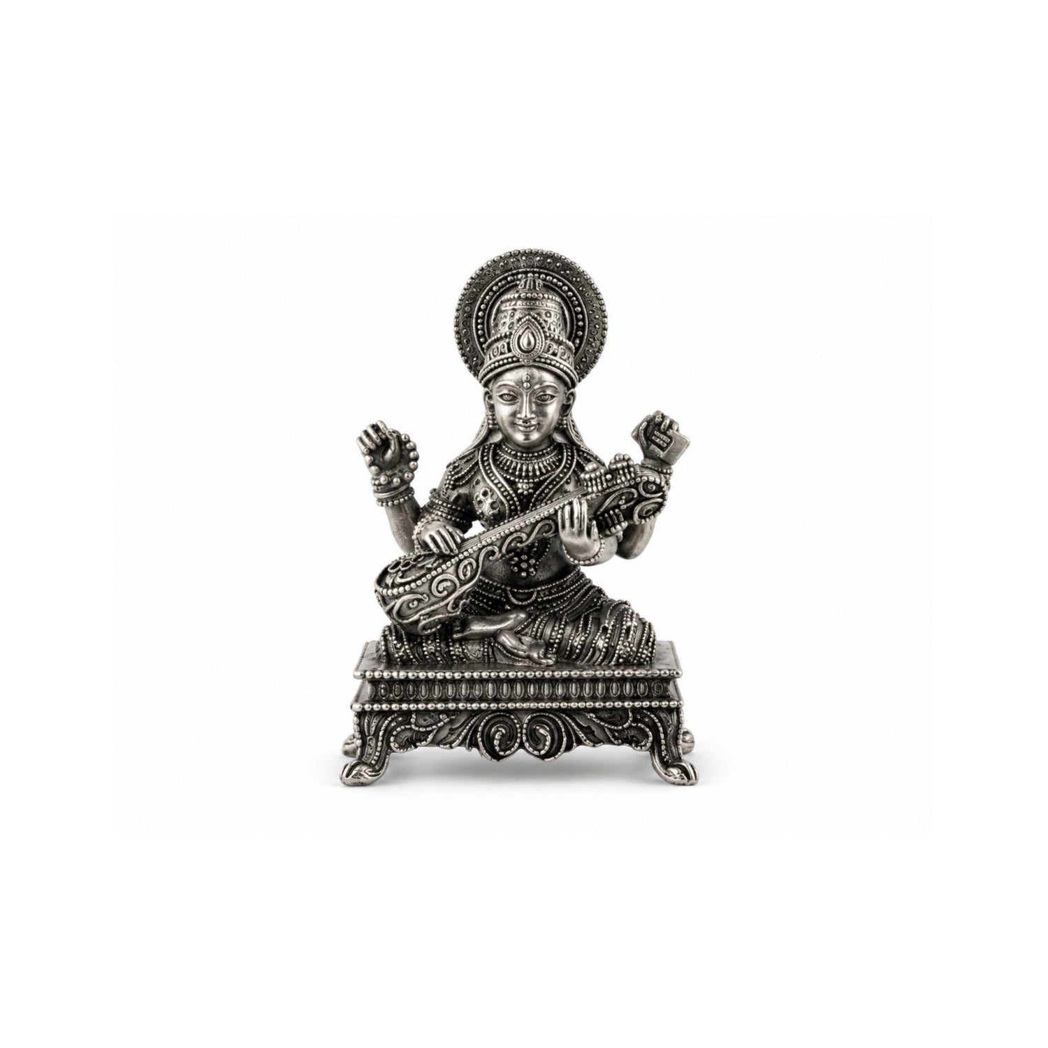 Antique-Finish 925 Silver Goddess Saraswati Idol.