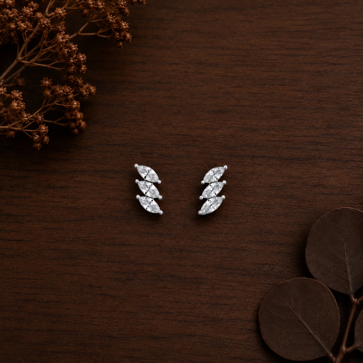 Marquise Trio Leaf 925 Pure Sterling Silver Climber Studs