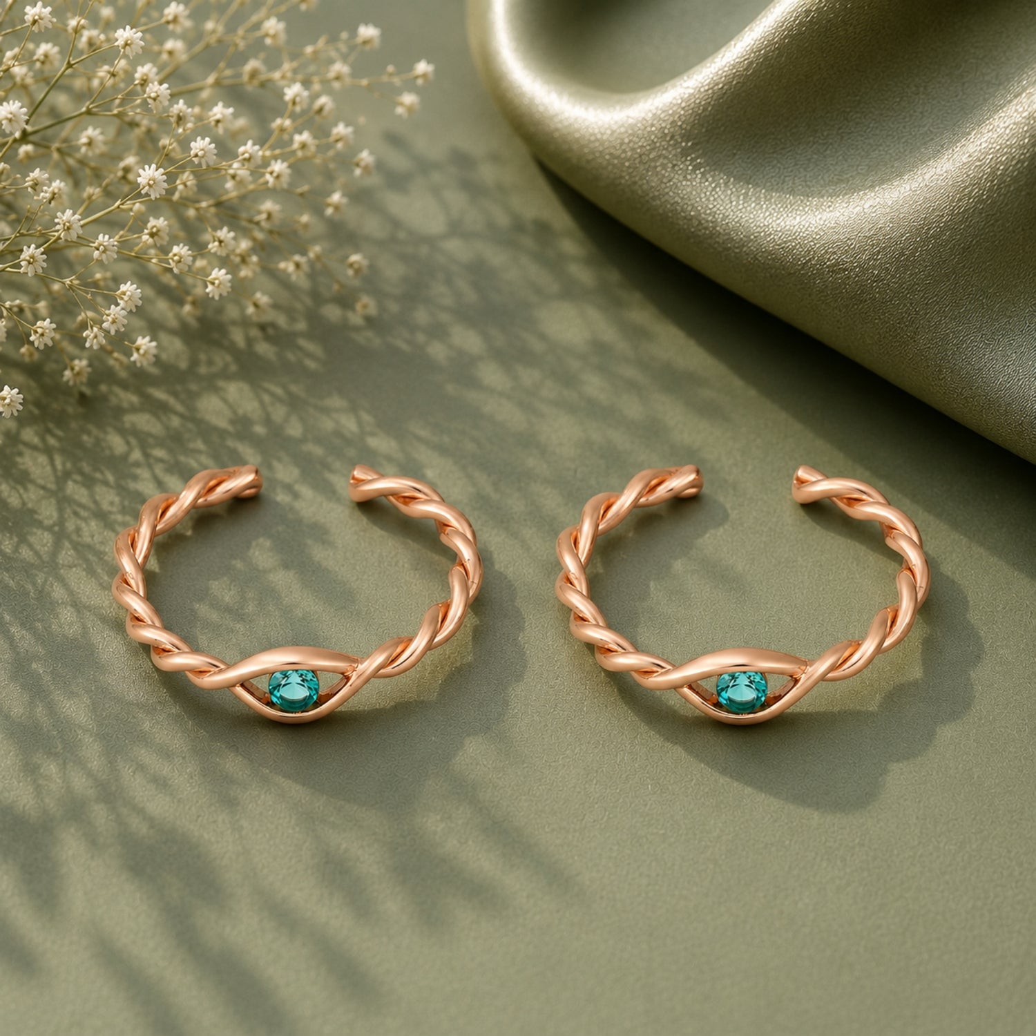 925 Silver Rose Gold Emerald Evil Eye Twisted Toe Rings
