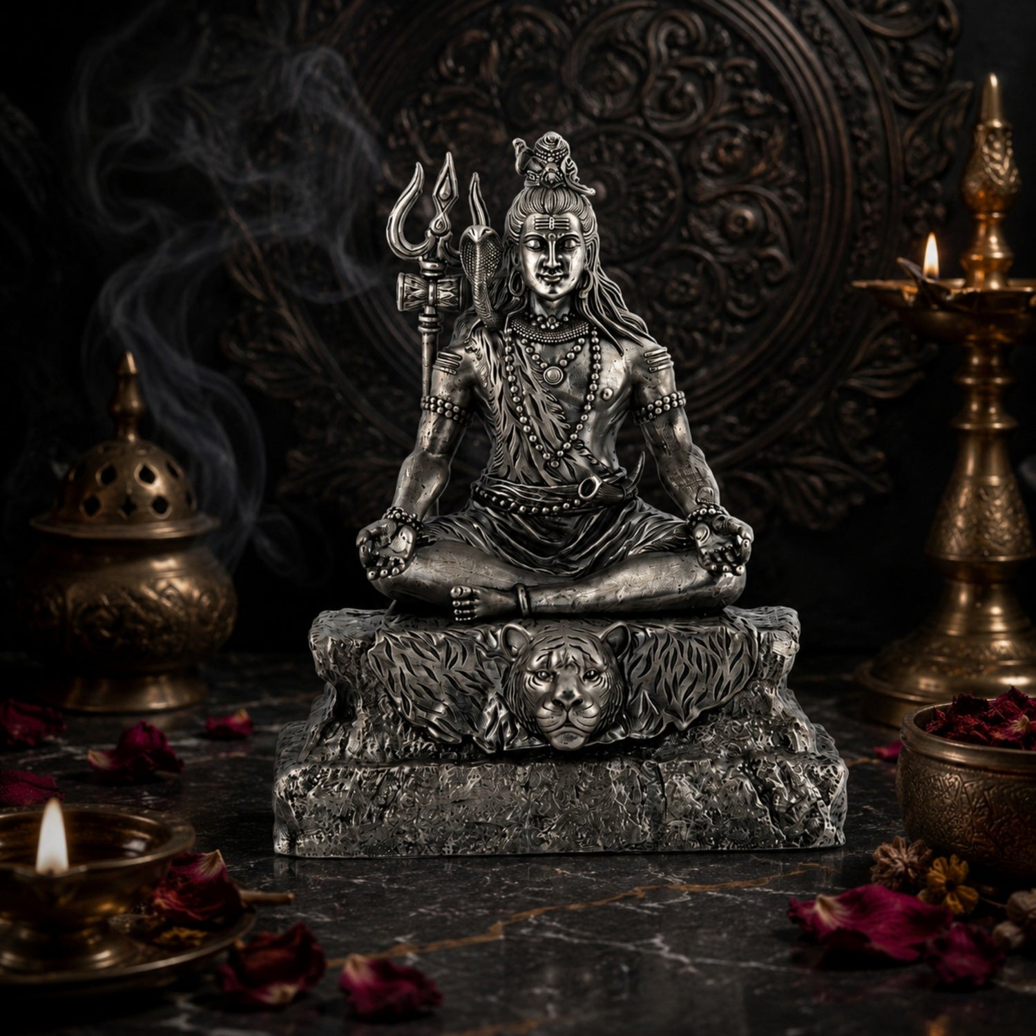 Antique-Finish 925 Silver Lord Shiva Meditating Idol.