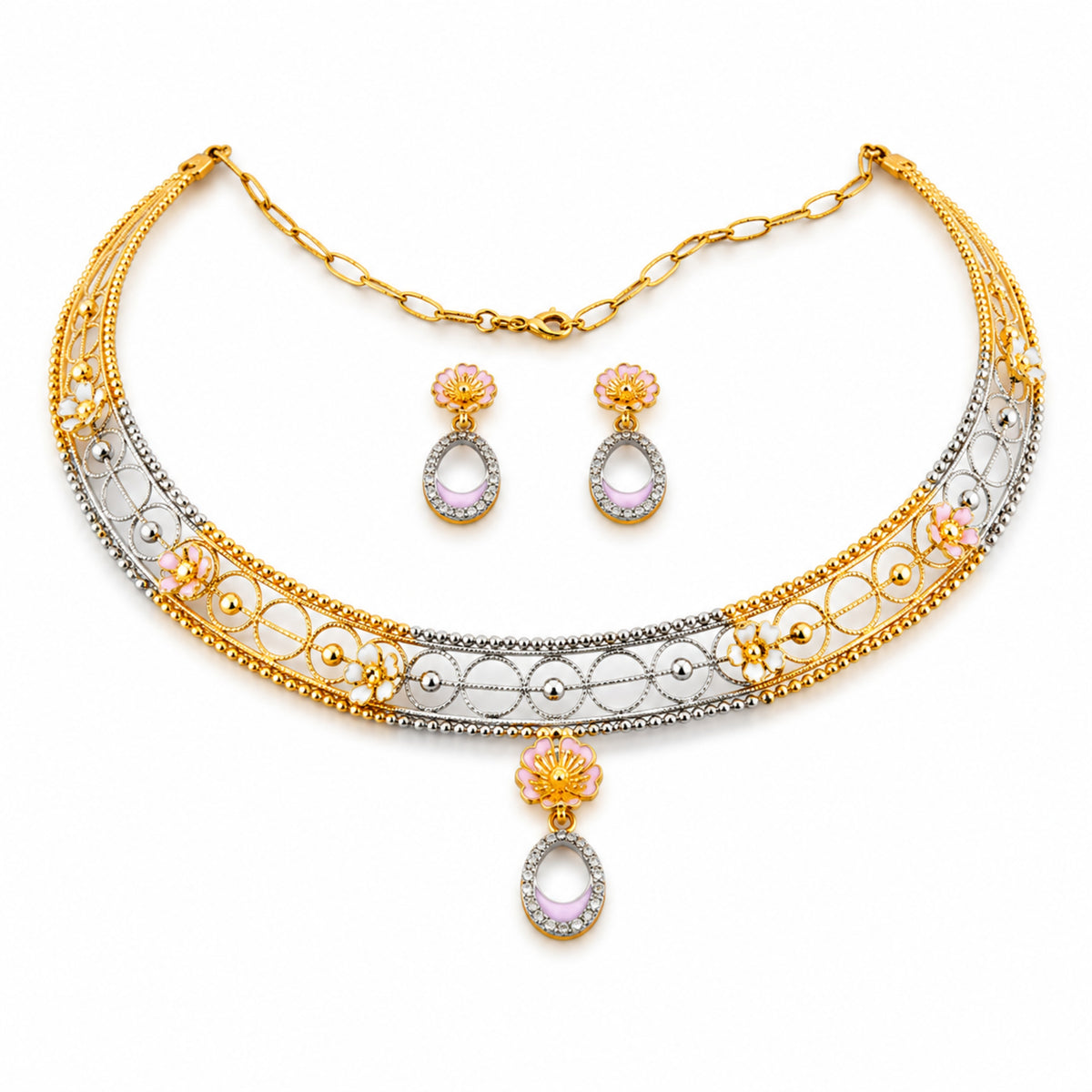 Vasantika Mesh 925 Sterling Silver Tri-Tone Floral Choker Set