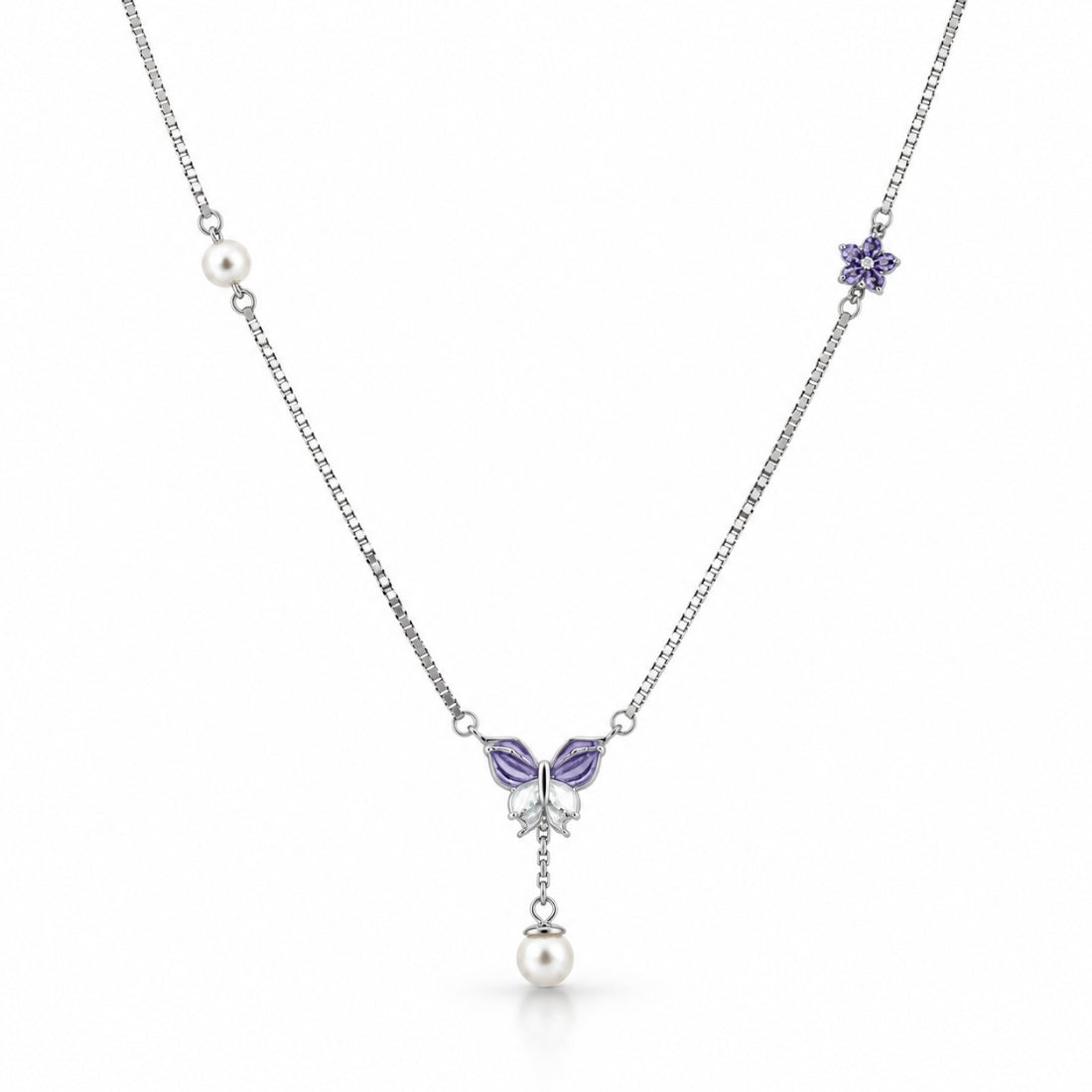 The Violet Monarch Pearl Lariat 925 Silver Chain
