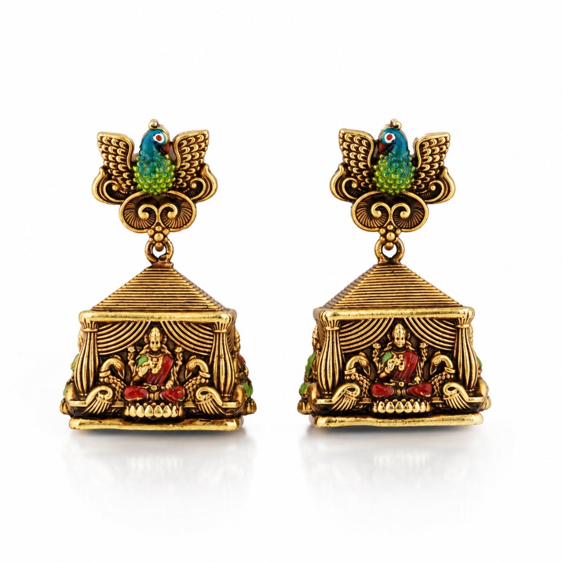Antique Winged Peacock Mandapam 925 Silver Jhumkas