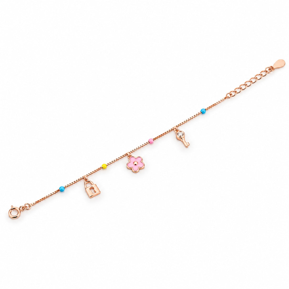 Secret Garden 925 Sterling Silver Rose Gold Lock & Key Kids Charm Bracelet