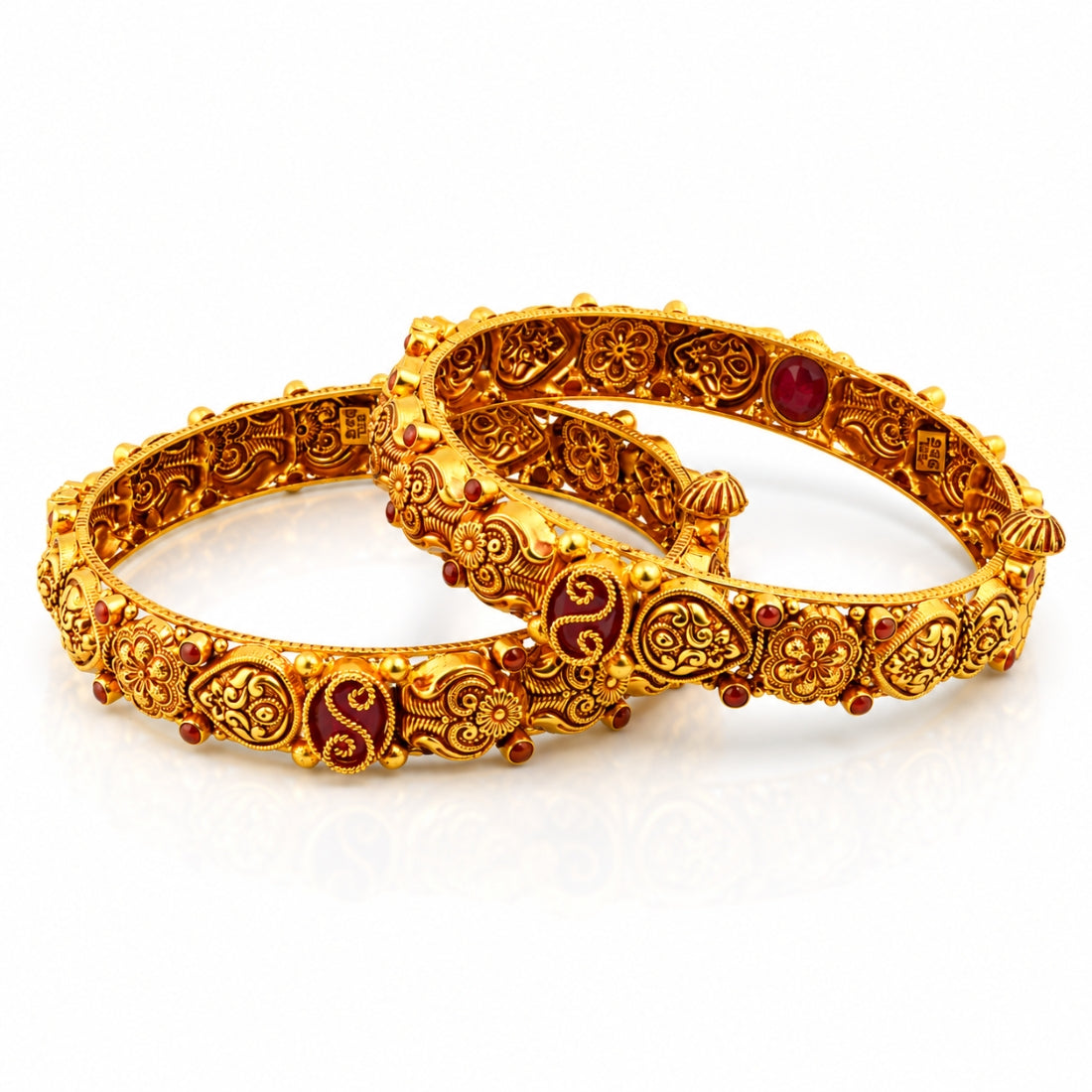 Vintage Ruby Red & Gold Embossed Mango Nakshi Bangles