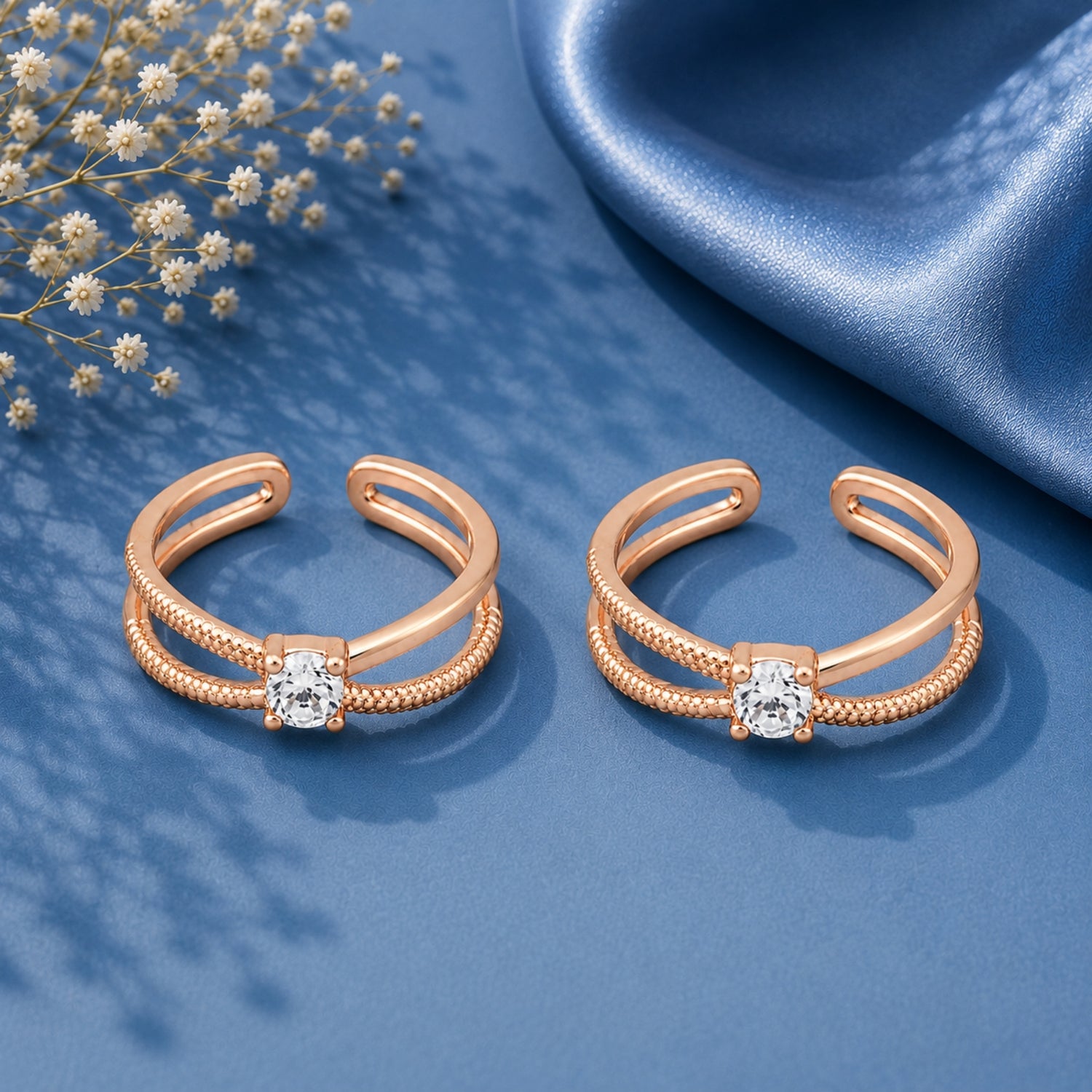 925 Silver Rose Gold Stellar Solitaire Double Band Toe Rings